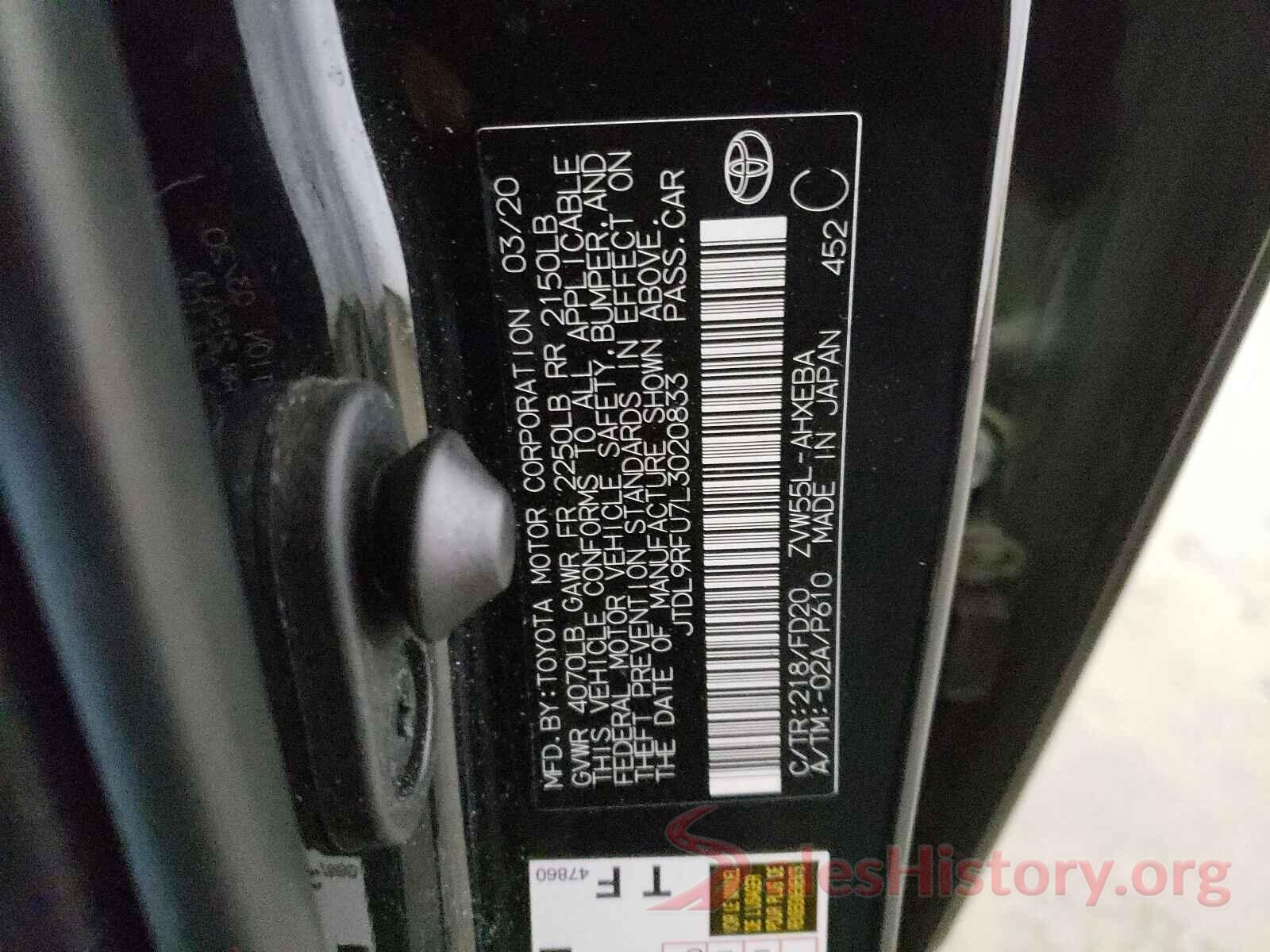 JTDL9RFU7L3020833 2020 TOYOTA PRIUS