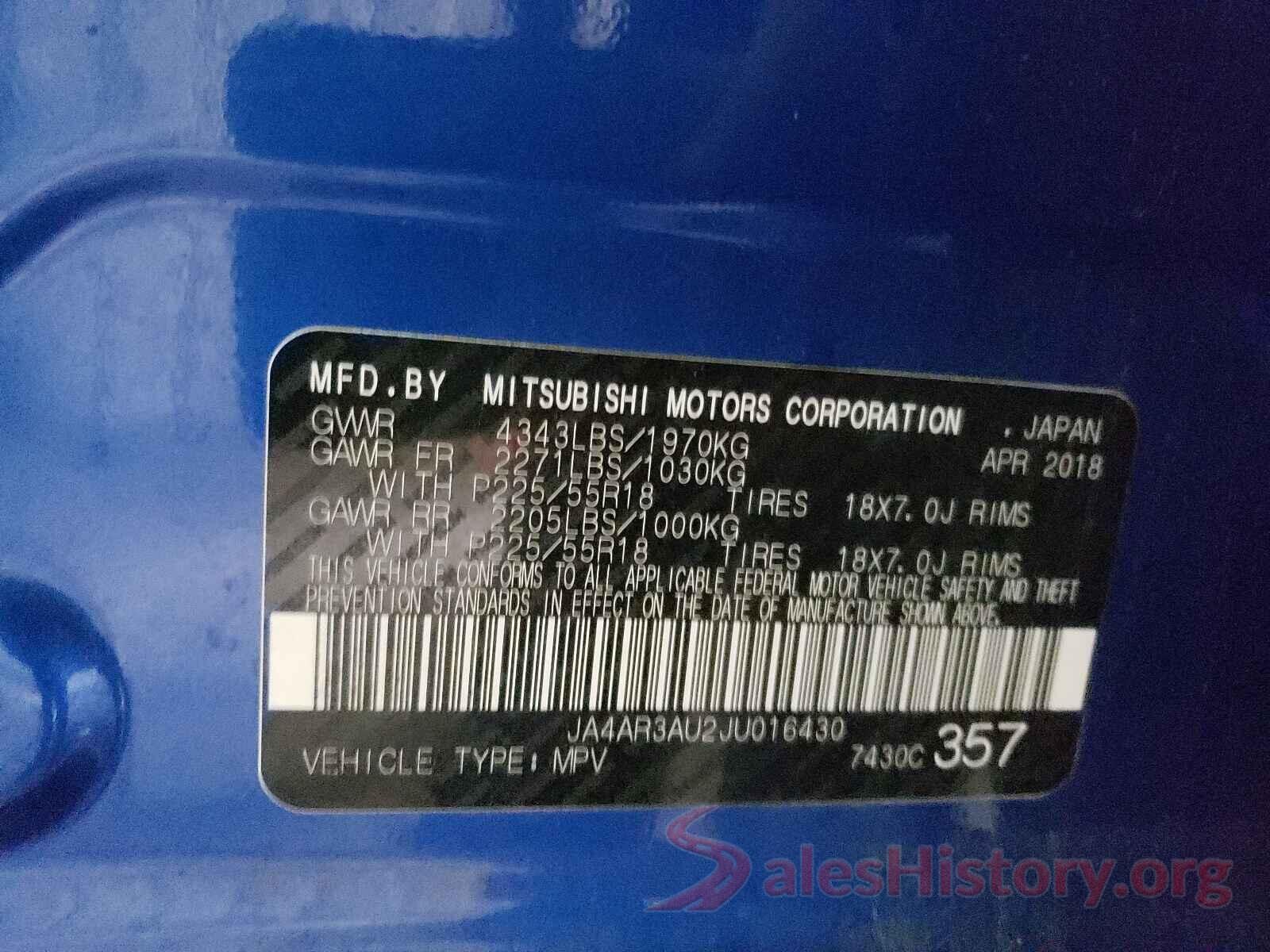 JA4AR3AU2JU016430 2018 MITSUBISHI OUTLANDER