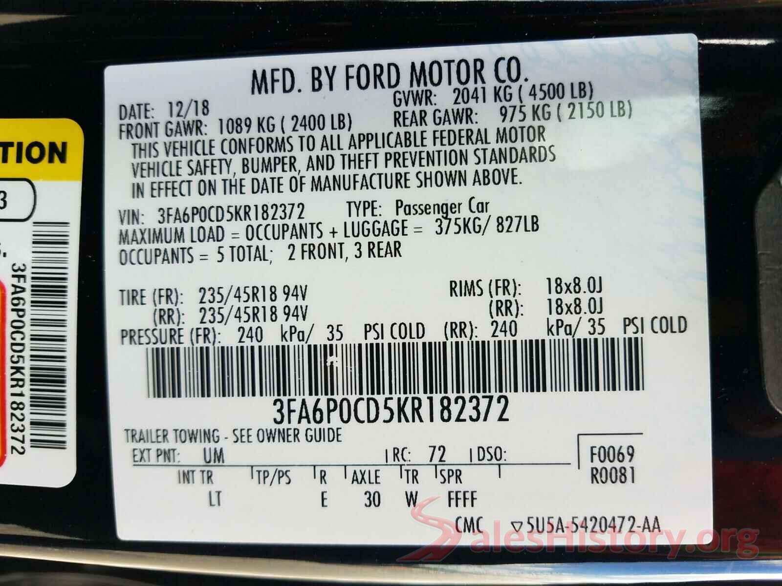 3FA6P0CD5KR182372 2019 FORD FUSION