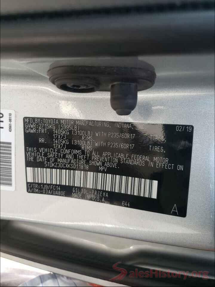 5TDKZ3DCXKS011818 2019 TOYOTA SIENNA