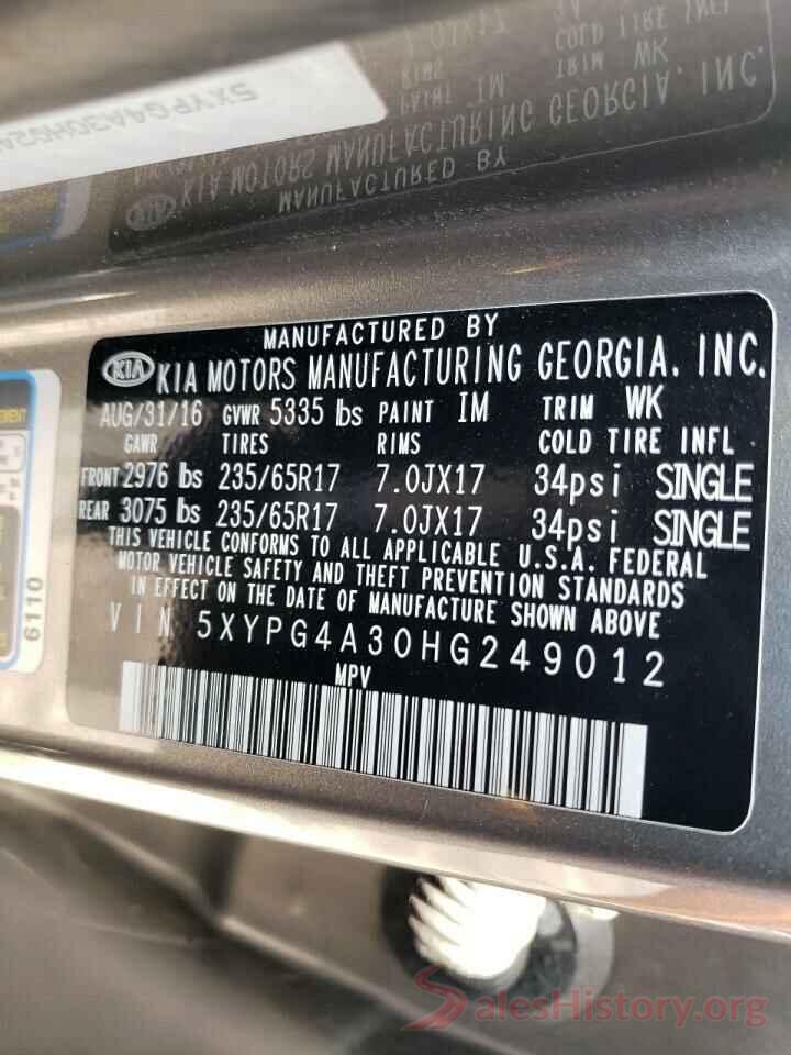 5XYPG4A30HG249012 2017 KIA SORENTO