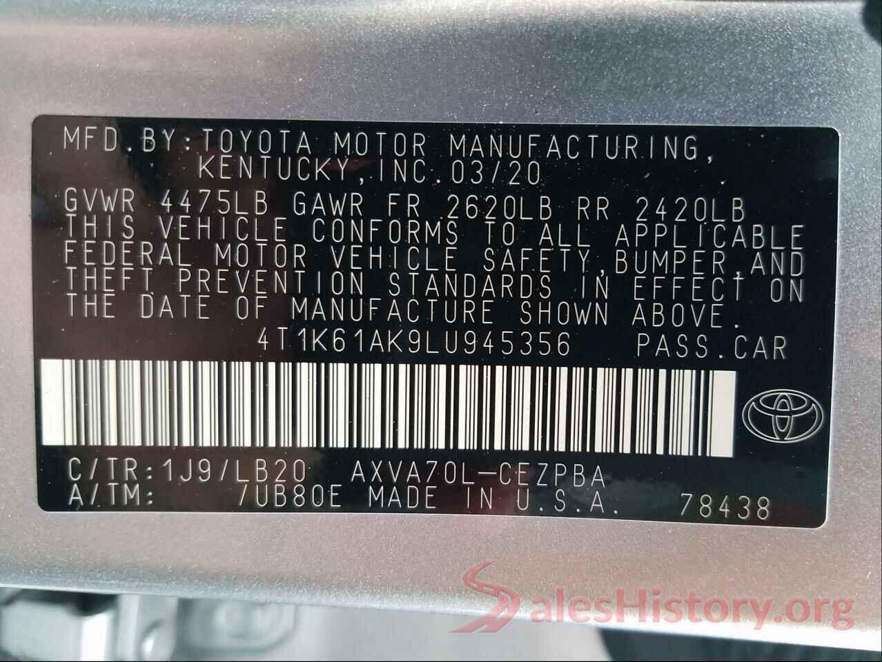 4T1K61AK9LU945356 2020 TOYOTA CAMRY