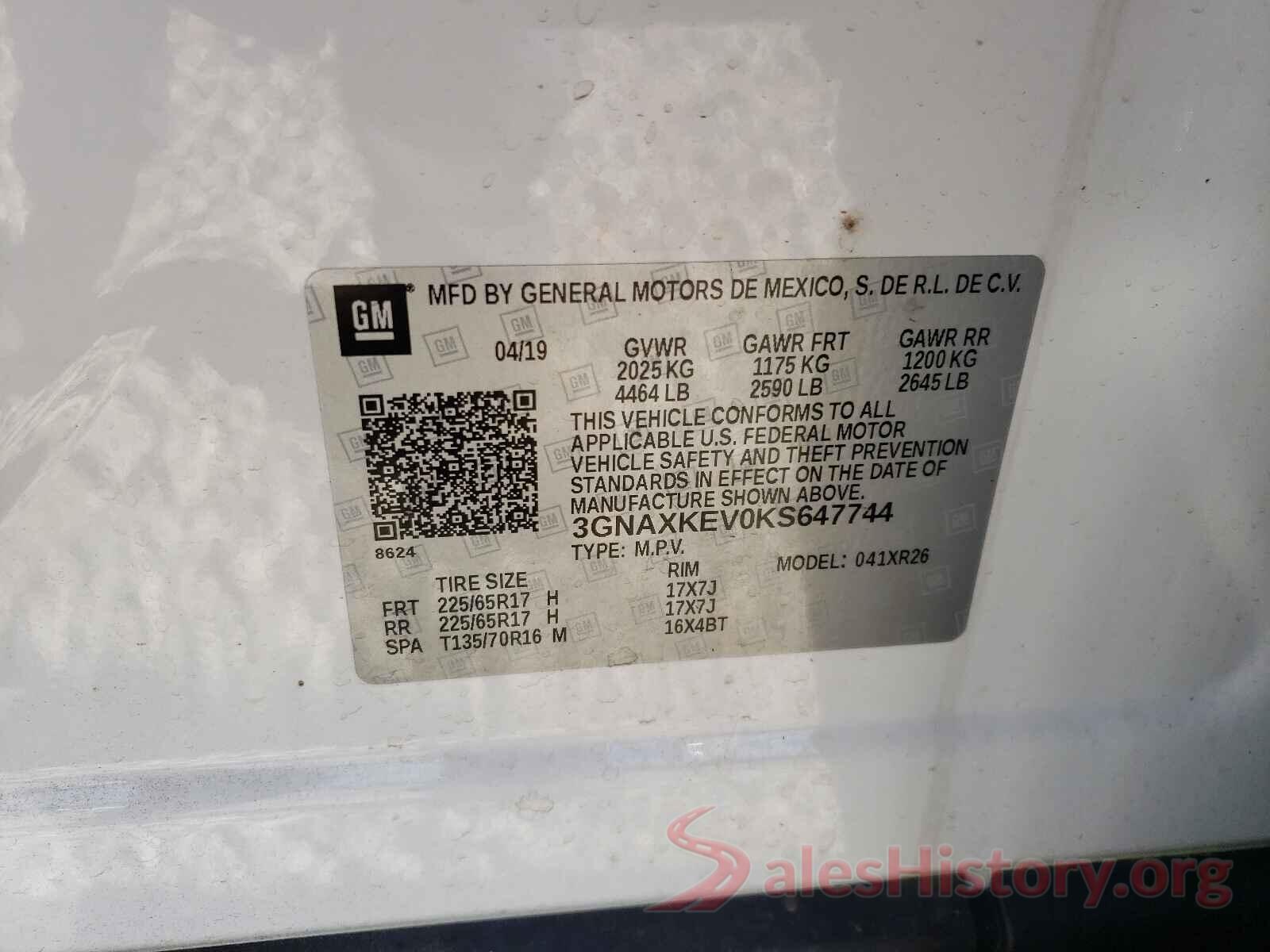 3GNAXKEV0KS647744 2019 CHEVROLET EQUINOX