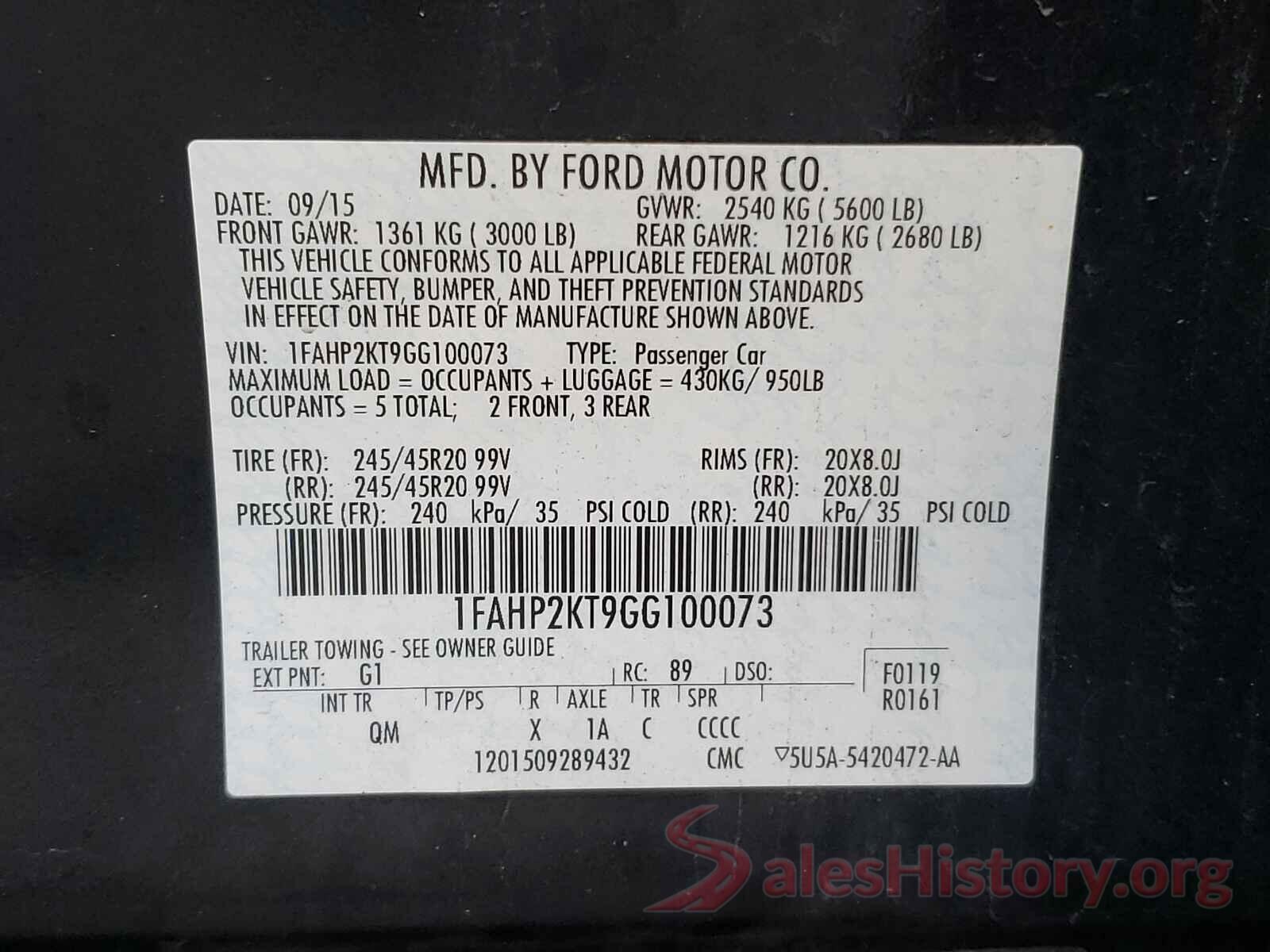 1FAHP2KT9GG100073 2016 FORD TAURUS