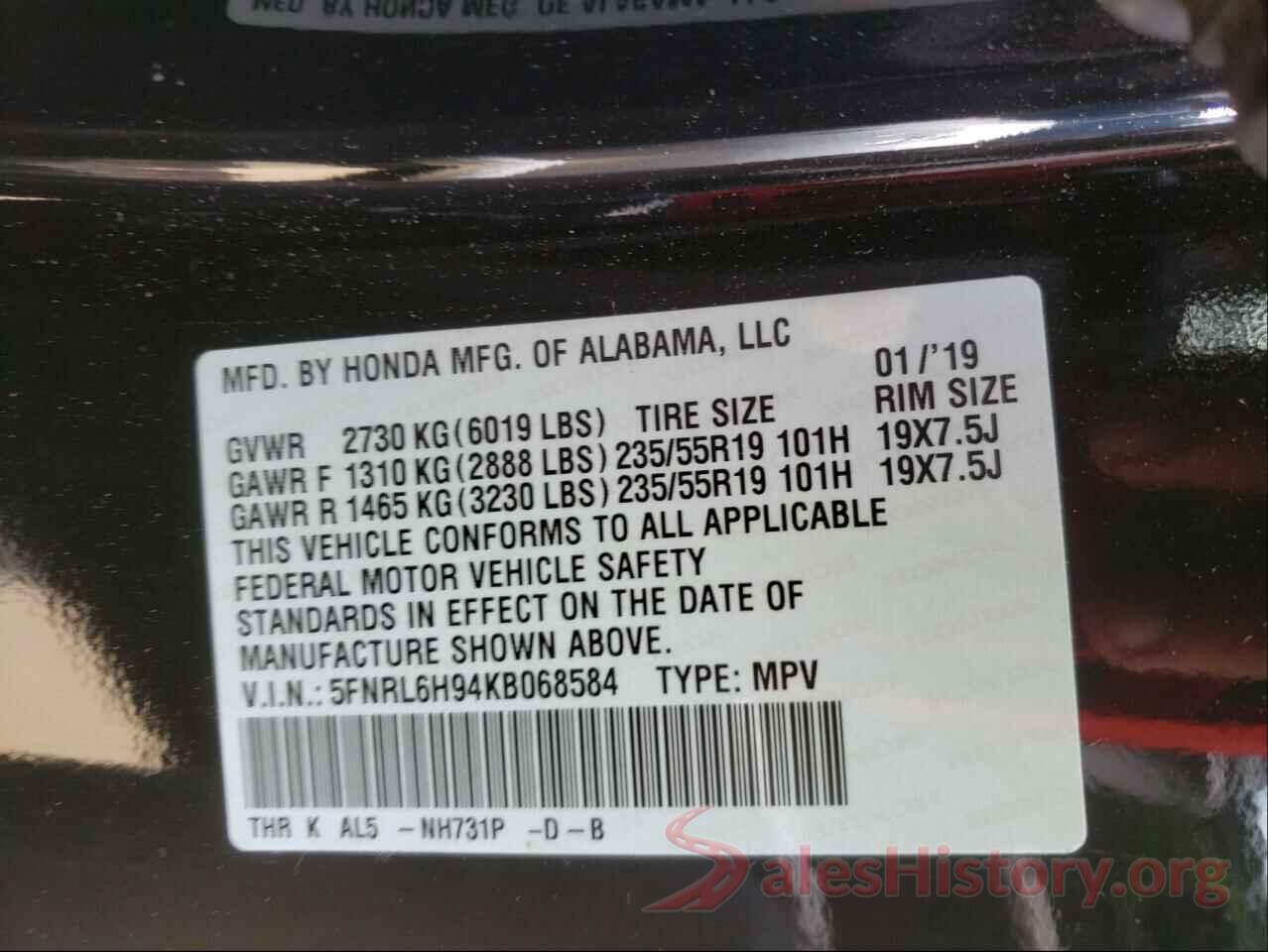 5FNRL6H94KB068584 2019 HONDA ODYSSEY