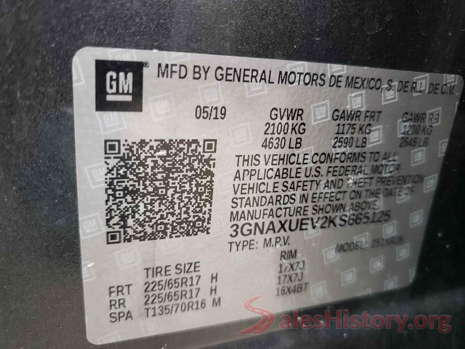 3GNAXUEV2KS665125 2019 CHEVROLET EQUINOX