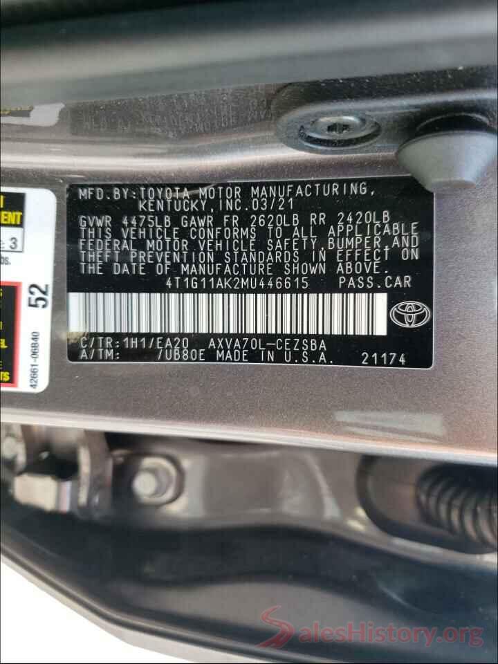 4T1G11AK2MU446615 2021 TOYOTA CAMRY