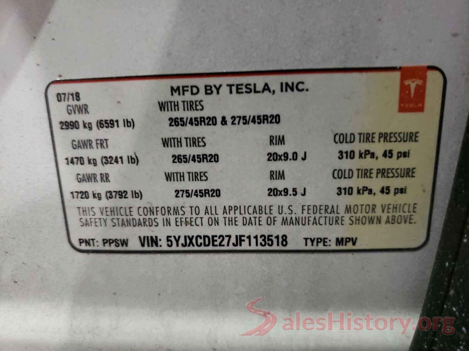 5YJXCDE27JF113518 2018 TESLA MODEL X