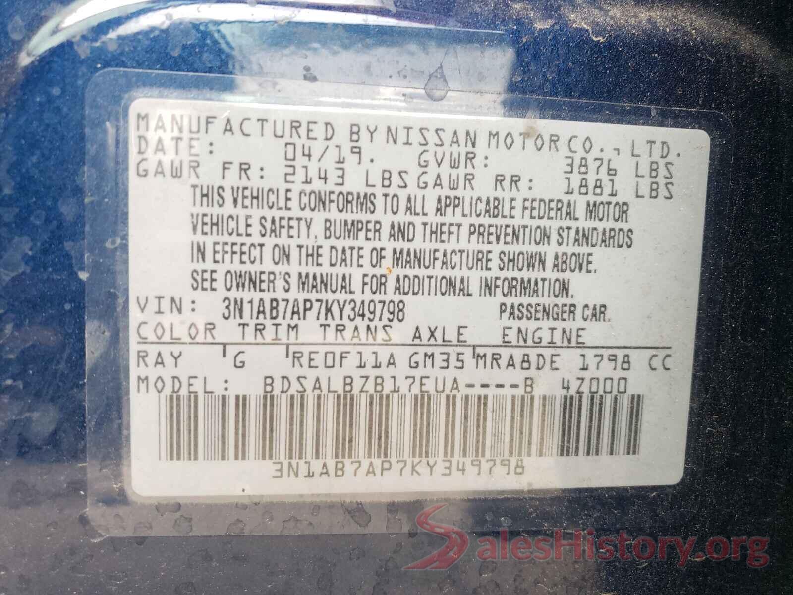 3N1AB7AP7KY349798 2019 NISSAN SENTRA