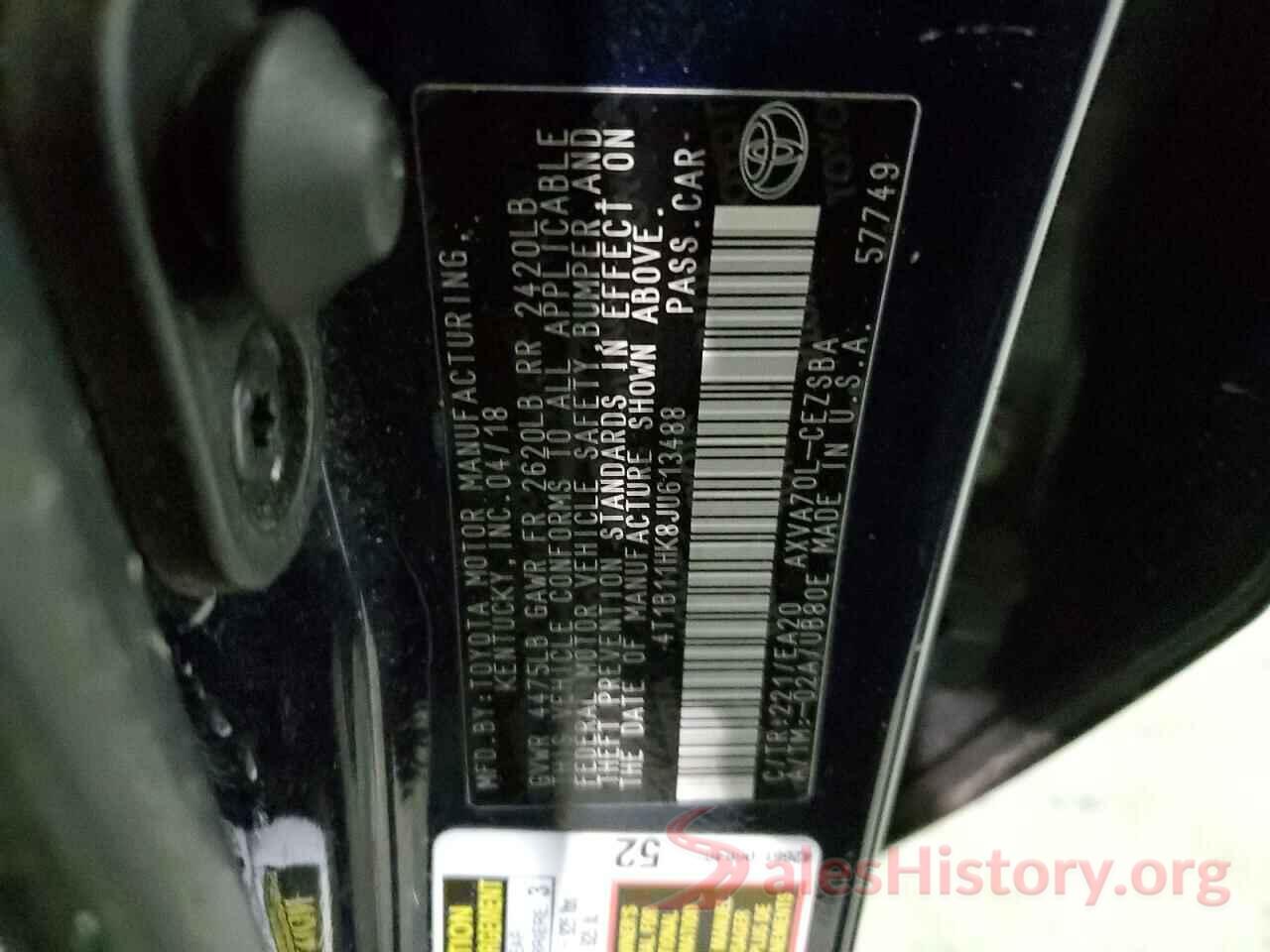 4T1B11HK8JU613488 2018 TOYOTA CAMRY