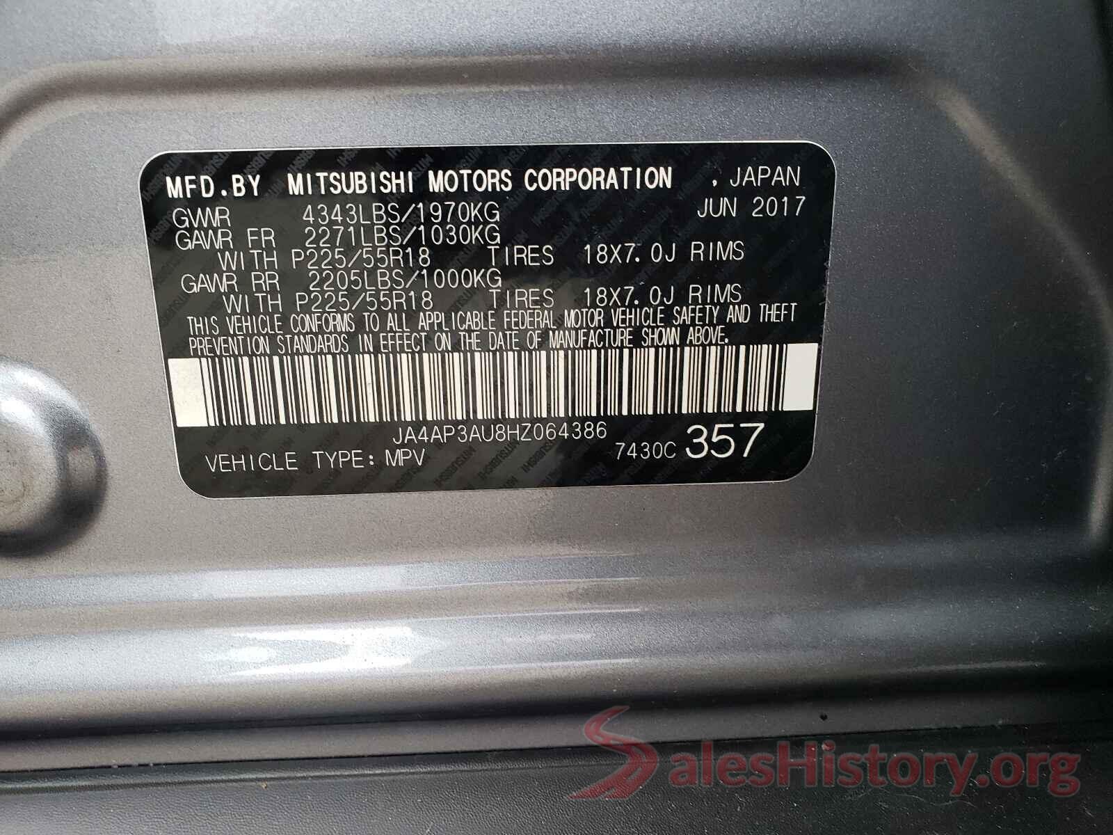 JA4AP3AU8HZ064386 2017 MITSUBISHI OUTLANDER