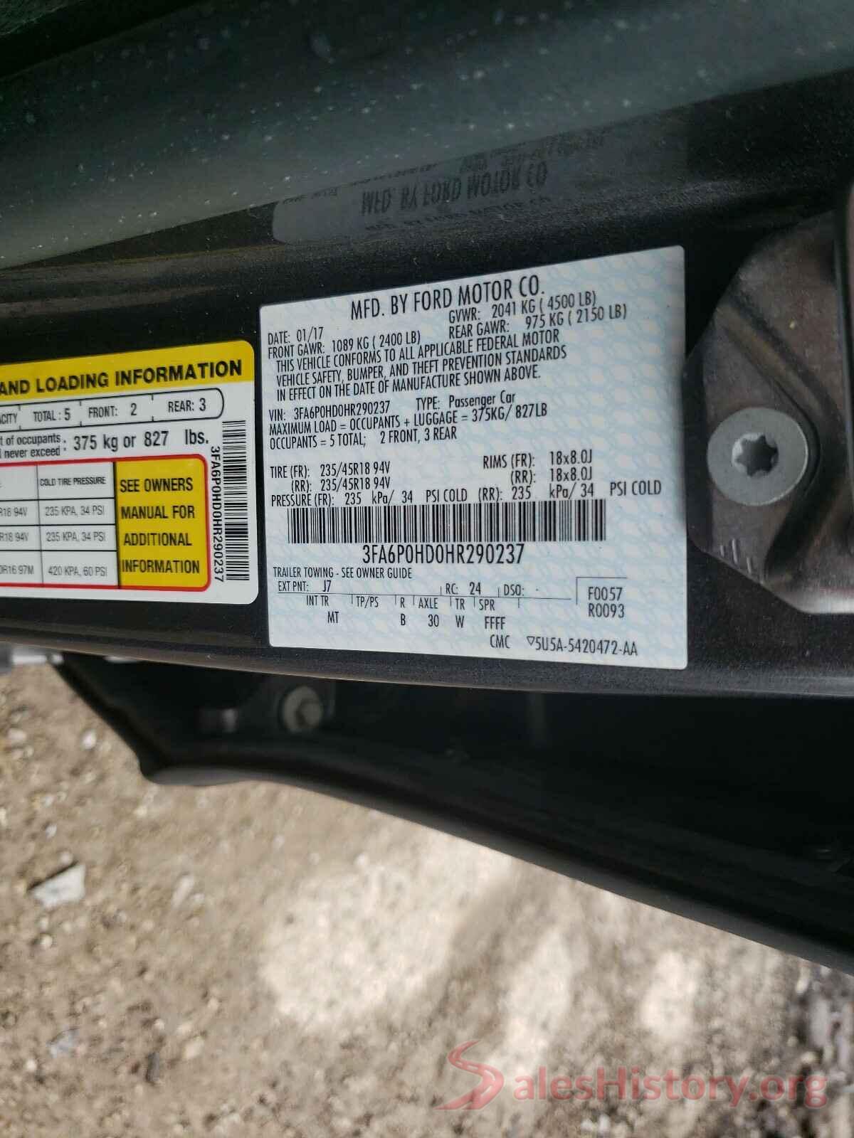 3FA6P0HD0HR290237 2017 FORD FUSION