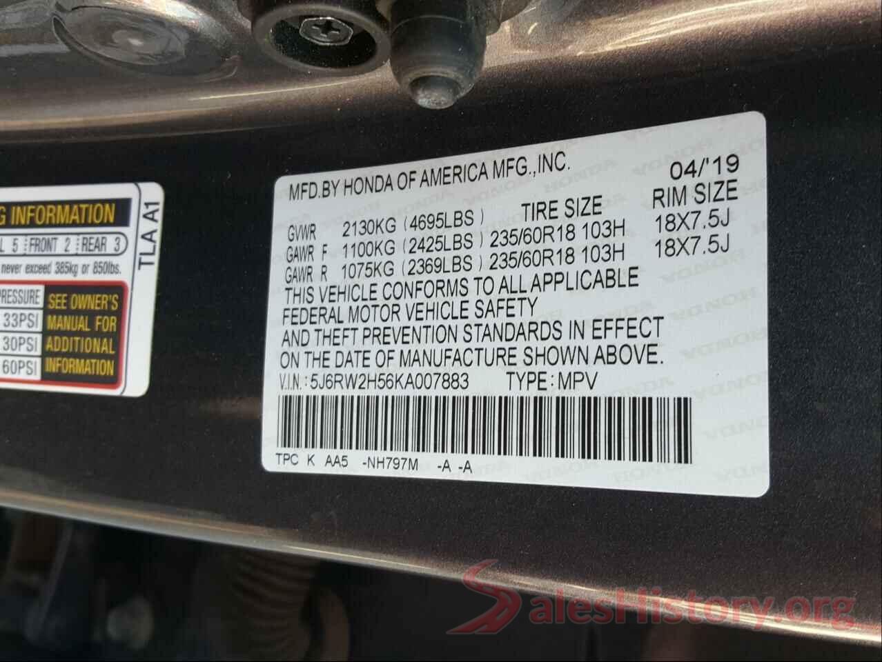 5J6RW2H56KA007883 2019 HONDA CRV