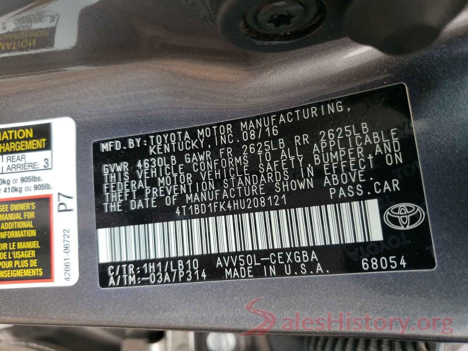 4T1BD1FK4HU208121 2017 TOYOTA CAMRY