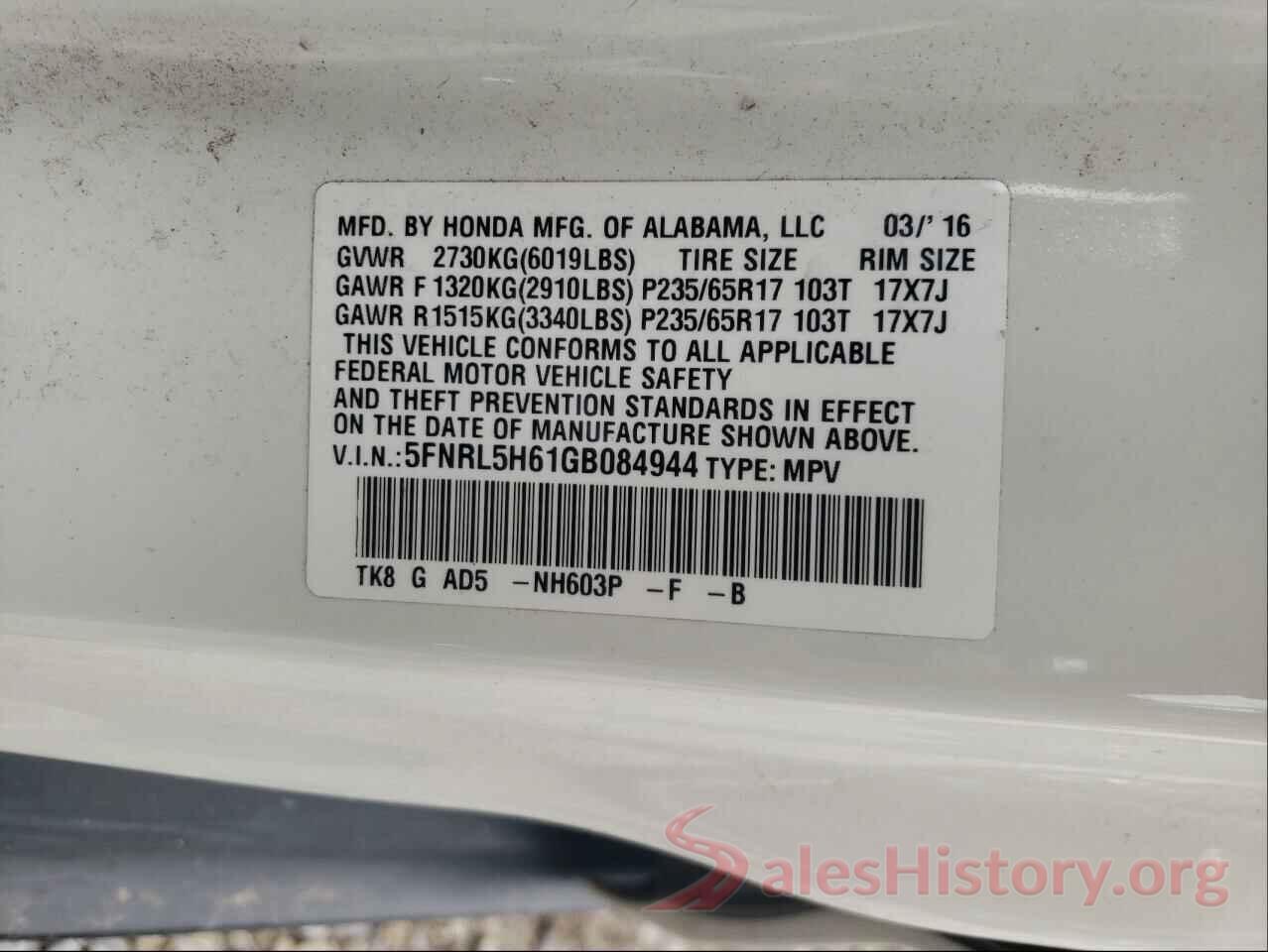 5FNRL5H61GB084944 2016 HONDA ODYSSEY