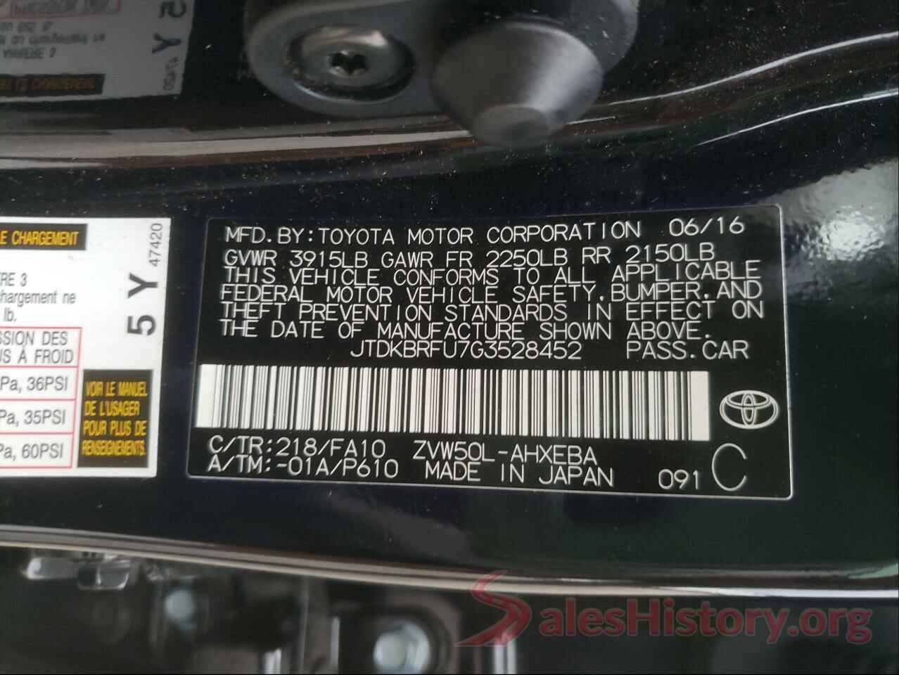 JTDKBRFU7G3528452 2016 TOYOTA PRIUS