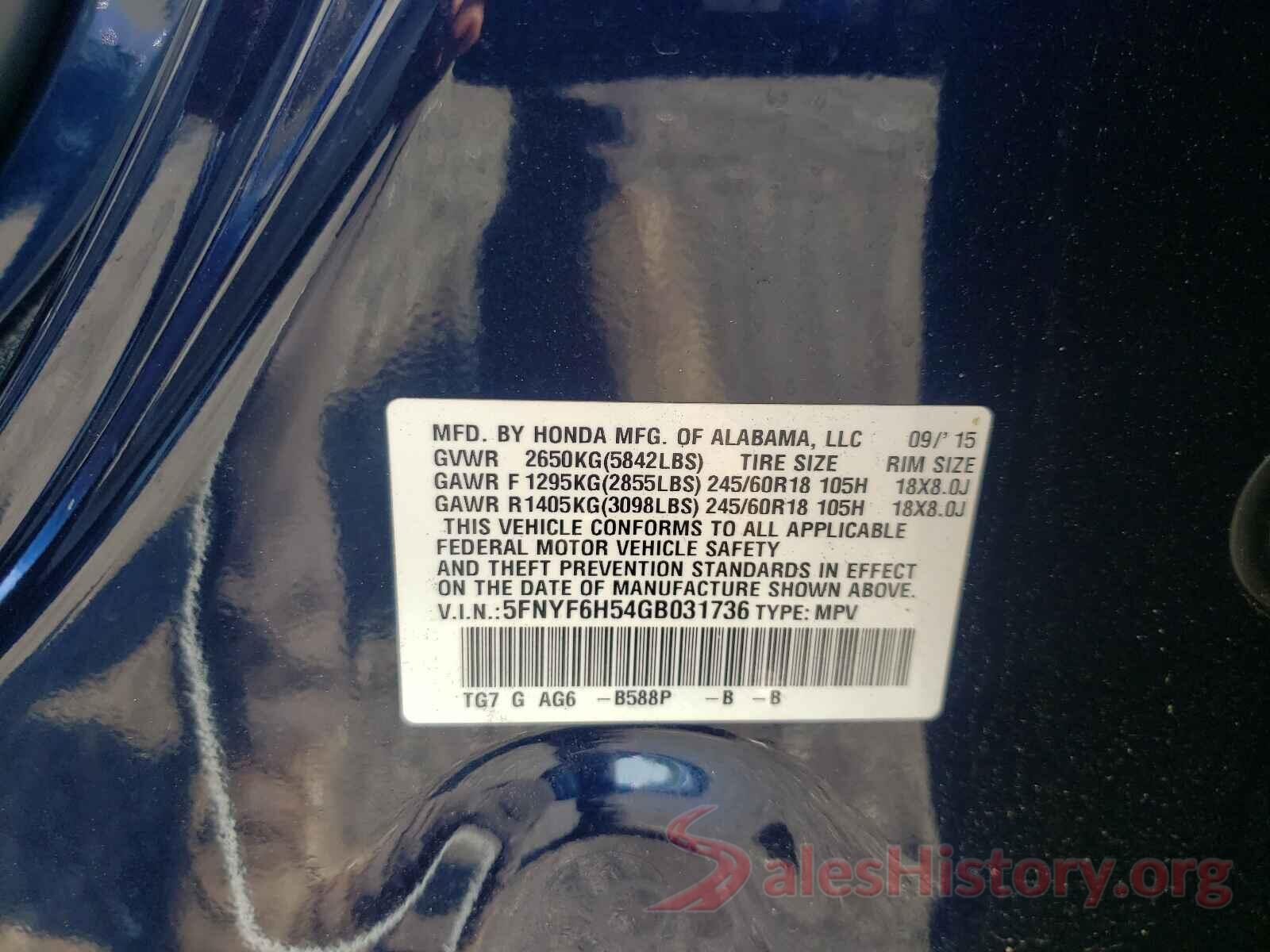 5FNYF6H54GB031736 2016 HONDA PILOT