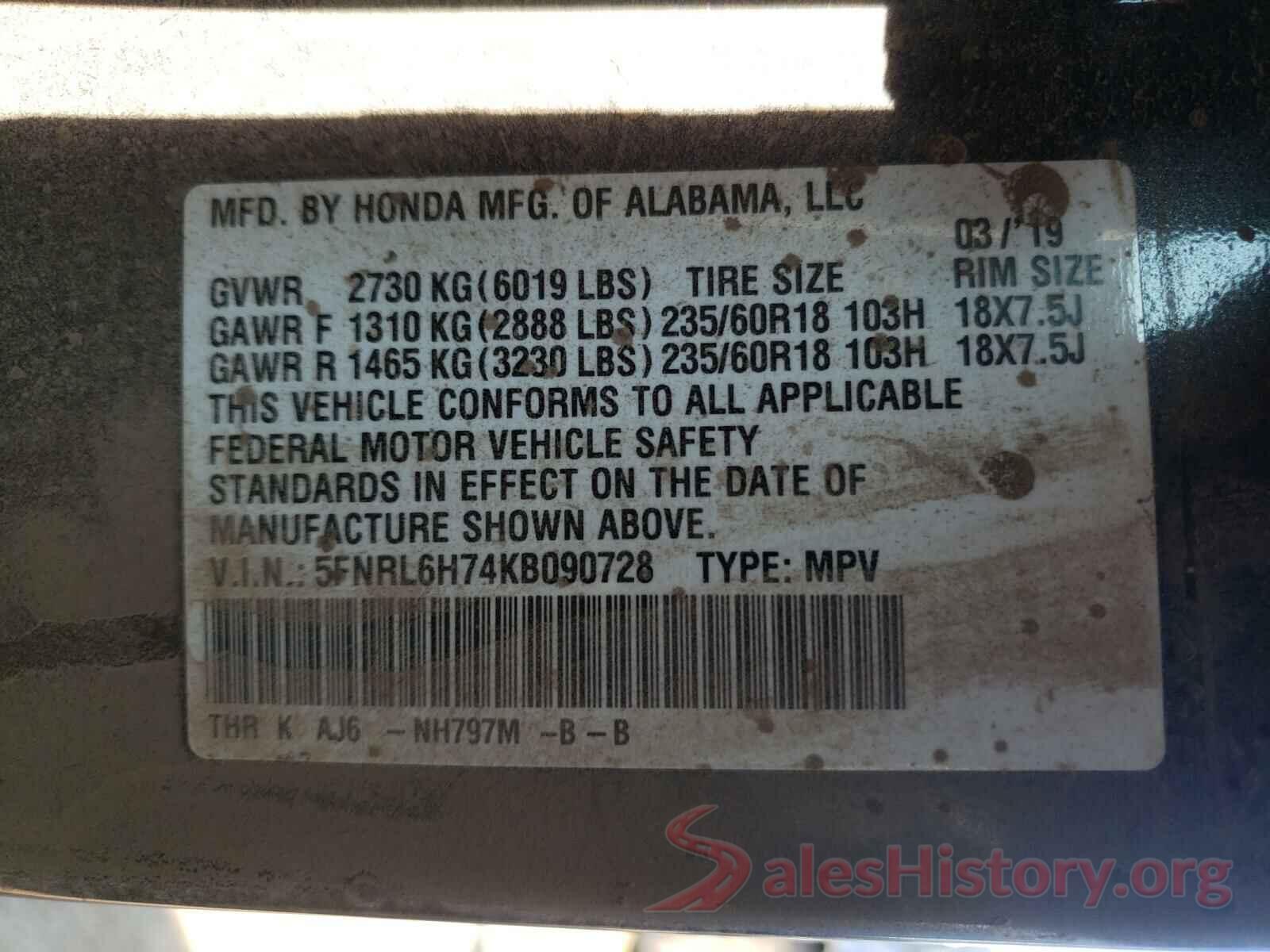 5FNRL6H74KB090728 2019 HONDA ODYSSEY