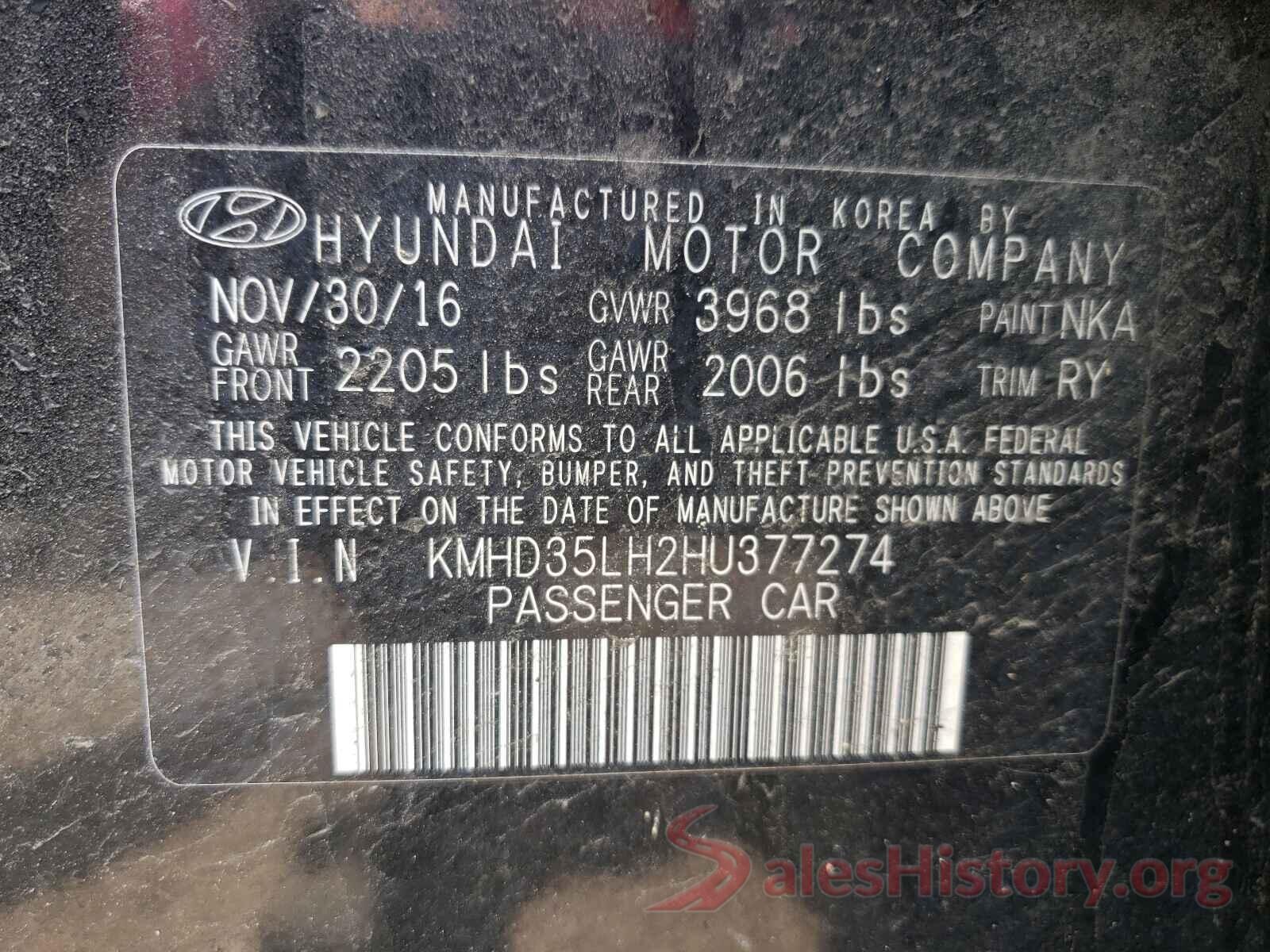 KMHD35LH2HU377274 2017 HYUNDAI ELANTRA