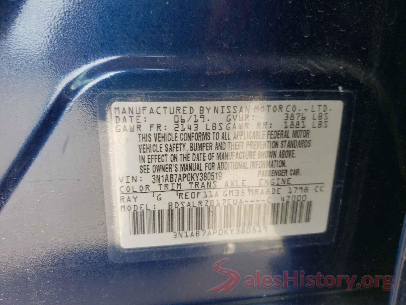 3N1AB7AP0KY380519 2019 NISSAN SENTRA