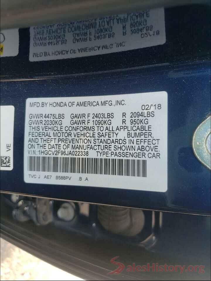 1HGCV2F96JA022338 2018 HONDA ACCORD