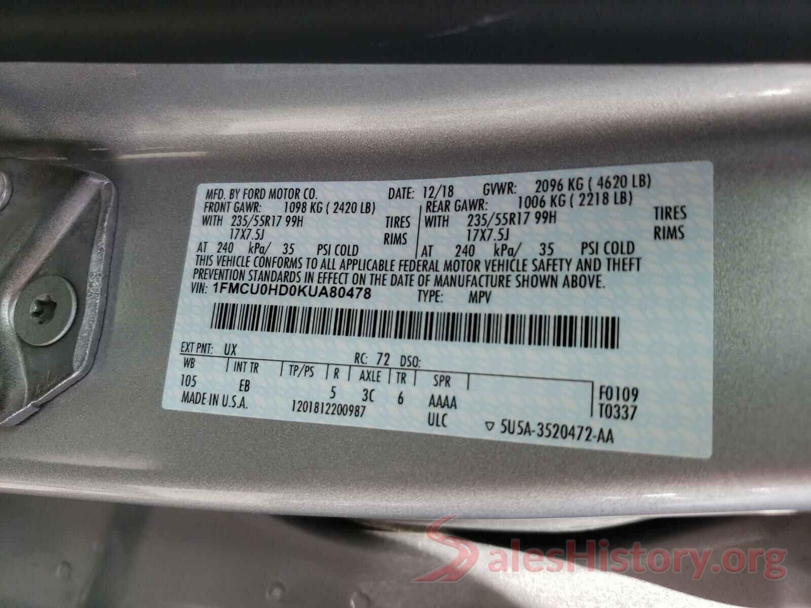 1FMCU0HD0KUA80478 2019 FORD ESCAPE