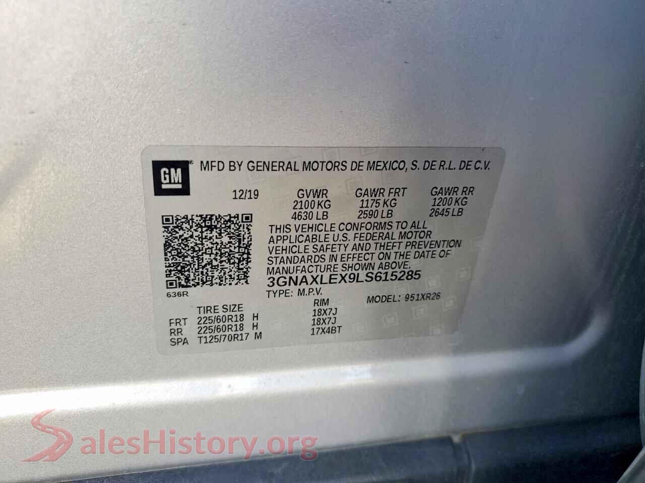 2020 CHEVROLET EQUINOX VIN 3GNAXLEX9LS615285, trunk area