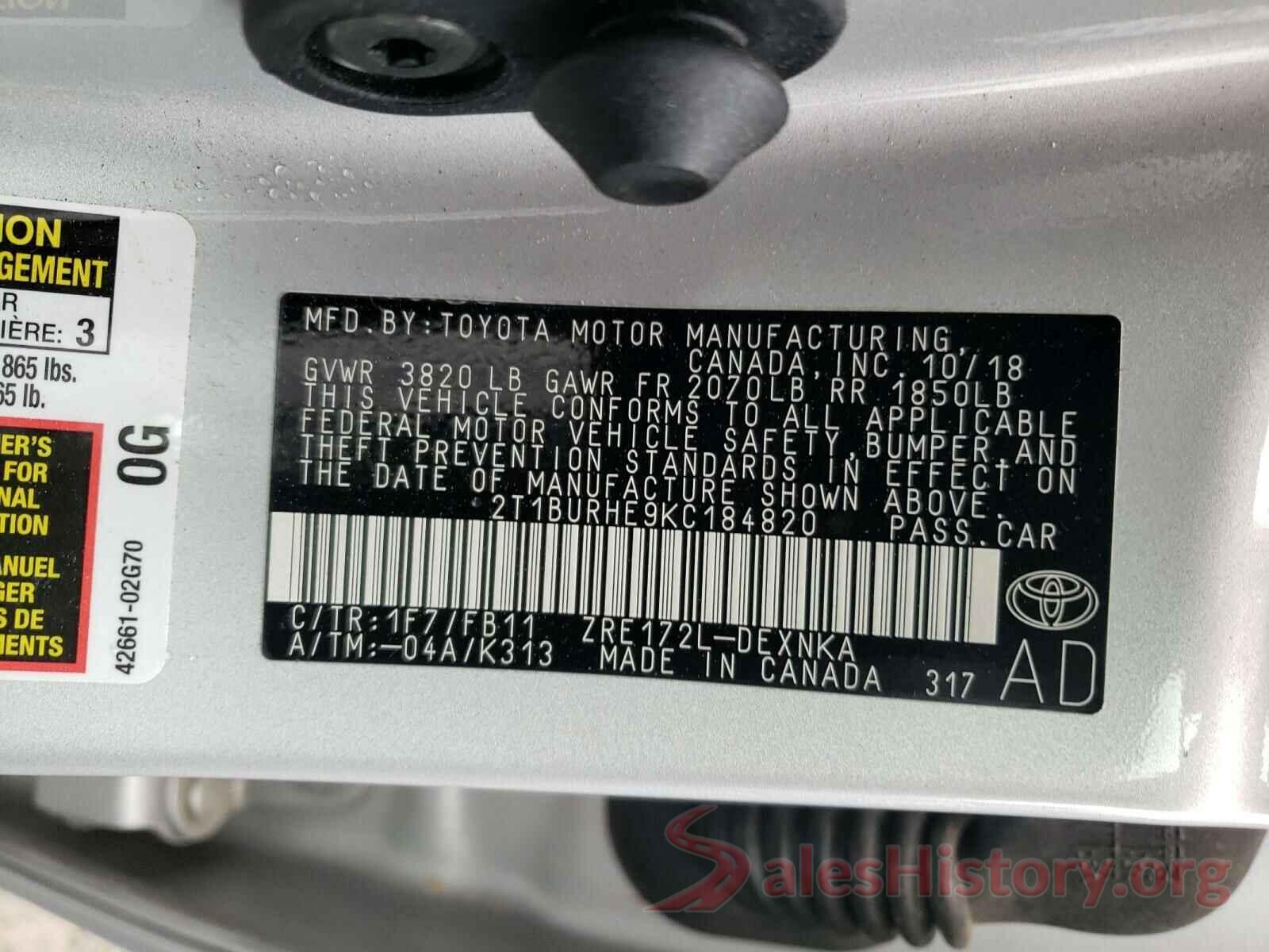 2T1BURHE9KC184820 2019 TOYOTA COROLLA