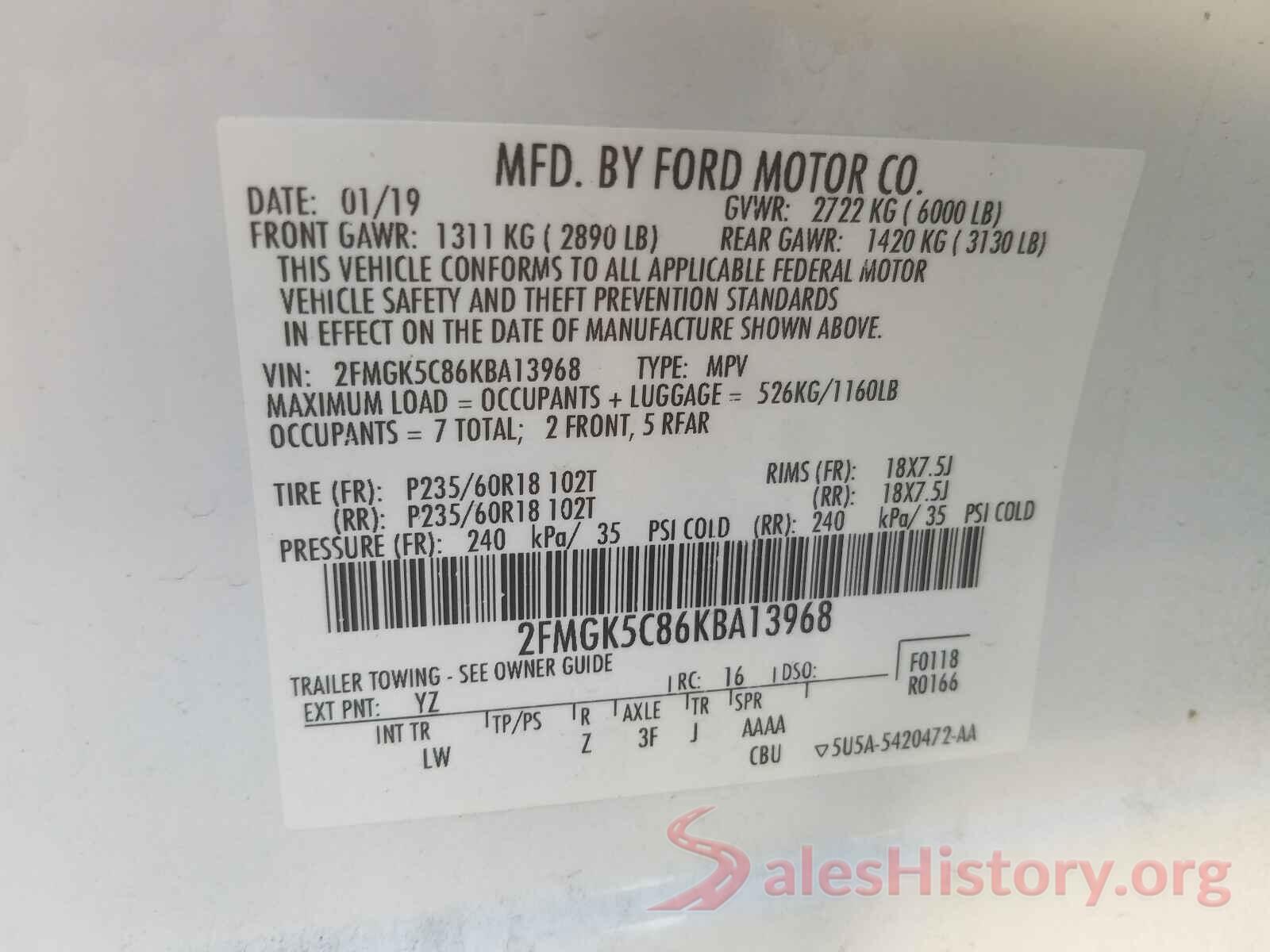 2FMGK5C86KBA13968 2019 FORD FLEX