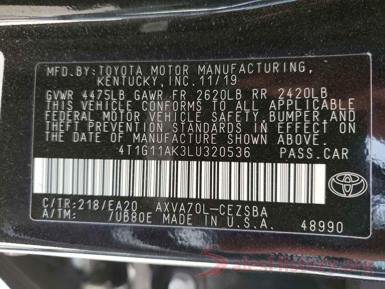 4T1G11AK3LU320536 2020 TOYOTA CAMRY