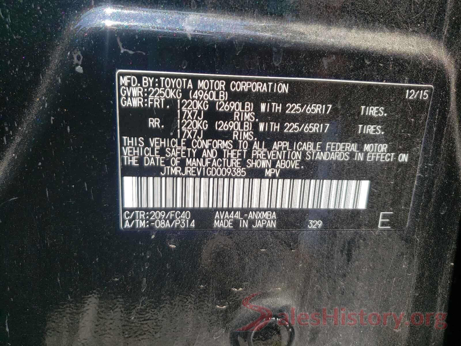 JTMRJREV1GD009385 2016 TOYOTA RAV4