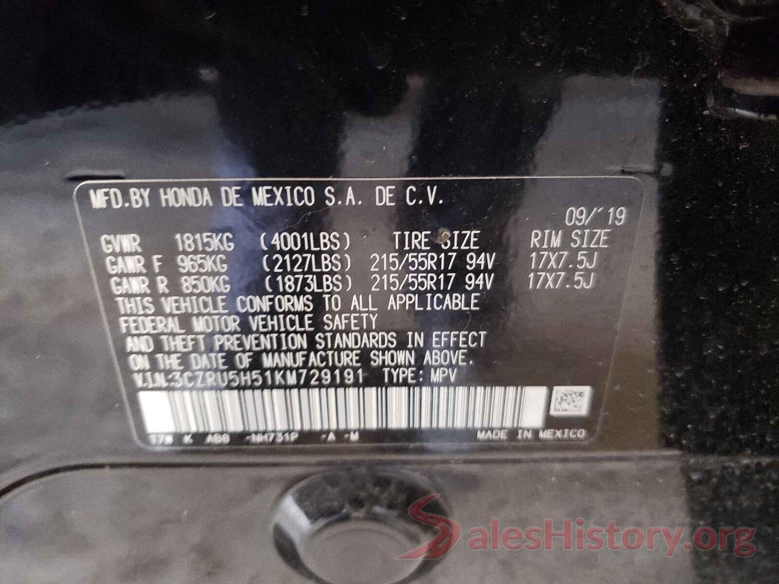 3CZRU5H51KM729191 2019 HONDA HR-V