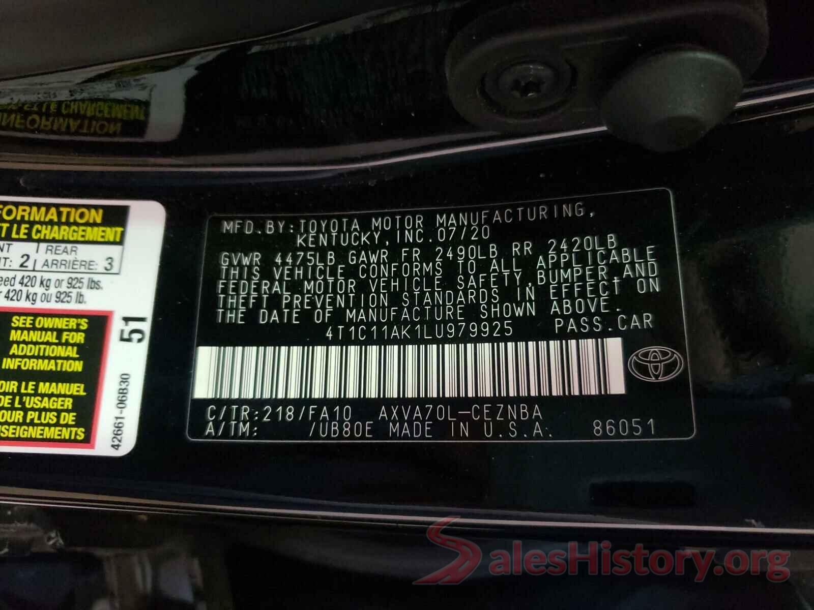 4T1C11AK1LU979925 2020 TOYOTA CAMRY