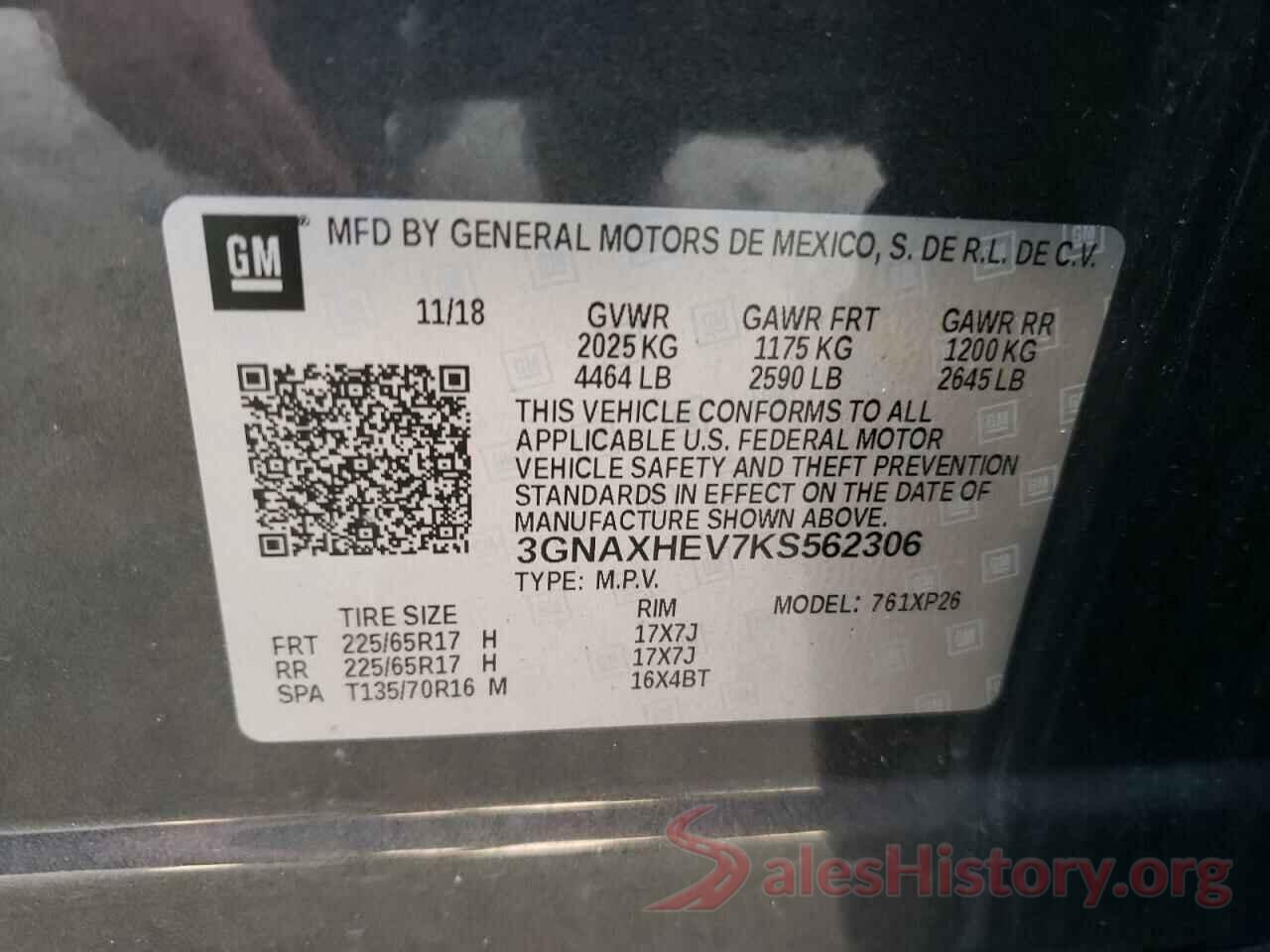 3GNAXHEV7KS562306 2019 CHEVROLET EQUINOX