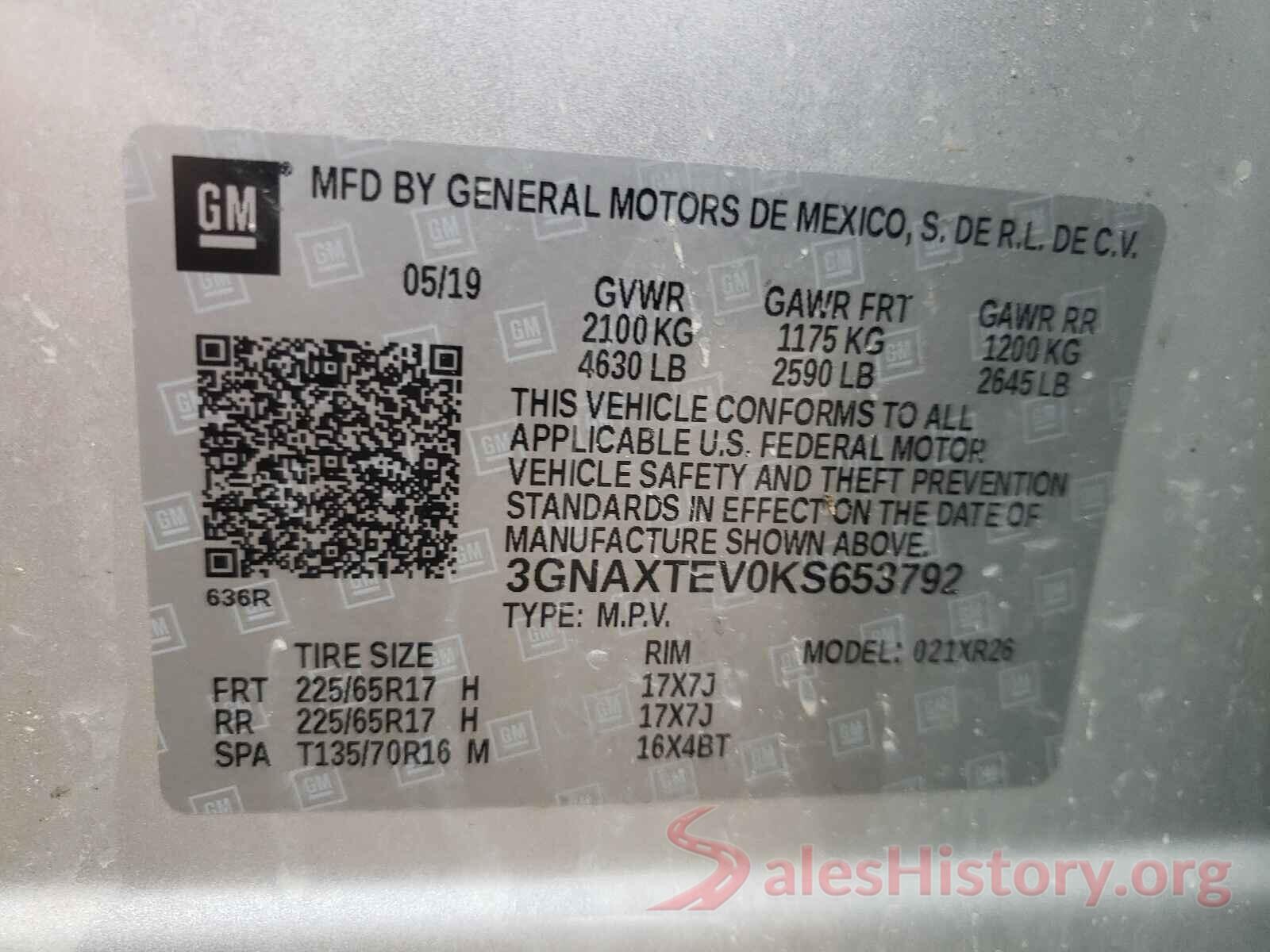 3GNAXTEV0KS653792 2019 CHEVROLET EQUINOX