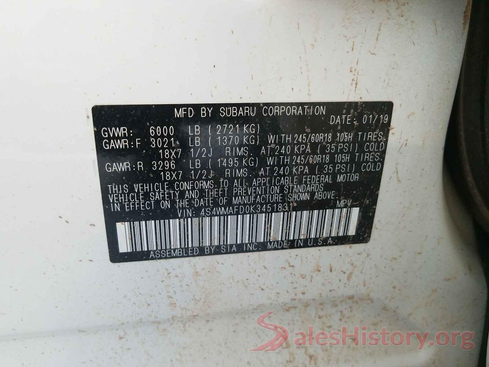 4S4WMAFD0K3451831 2019 SUBARU ASCENT