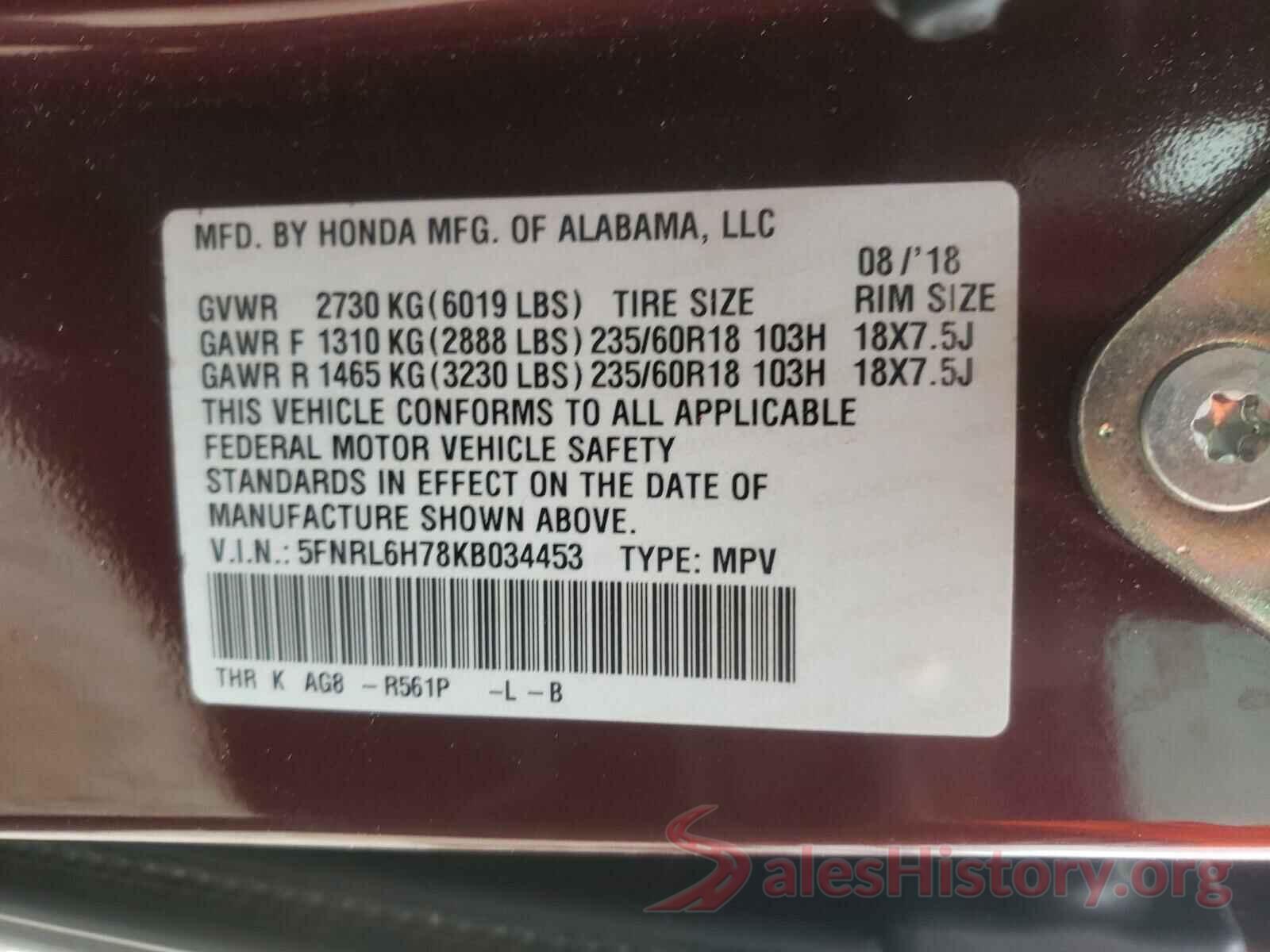 5FNRL6H78KB034453 2019 HONDA ODYSSEY