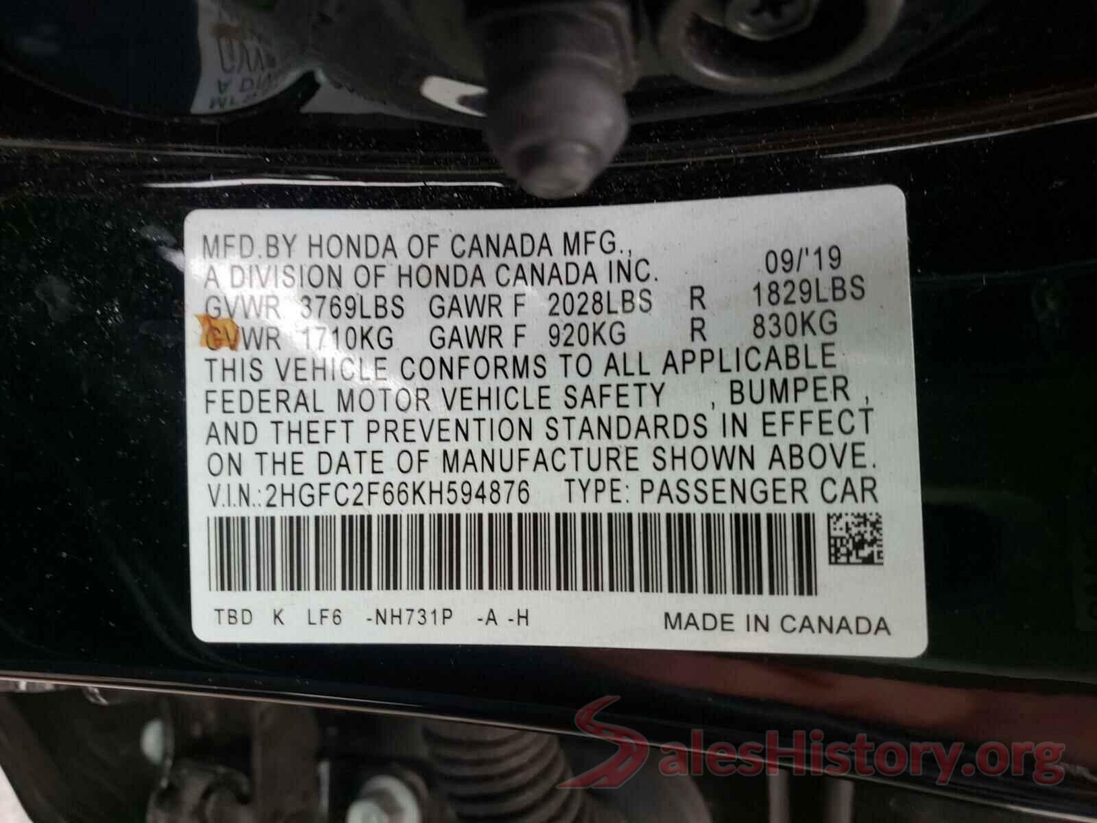 2HGFC2F66KH594876 2019 HONDA CIVIC