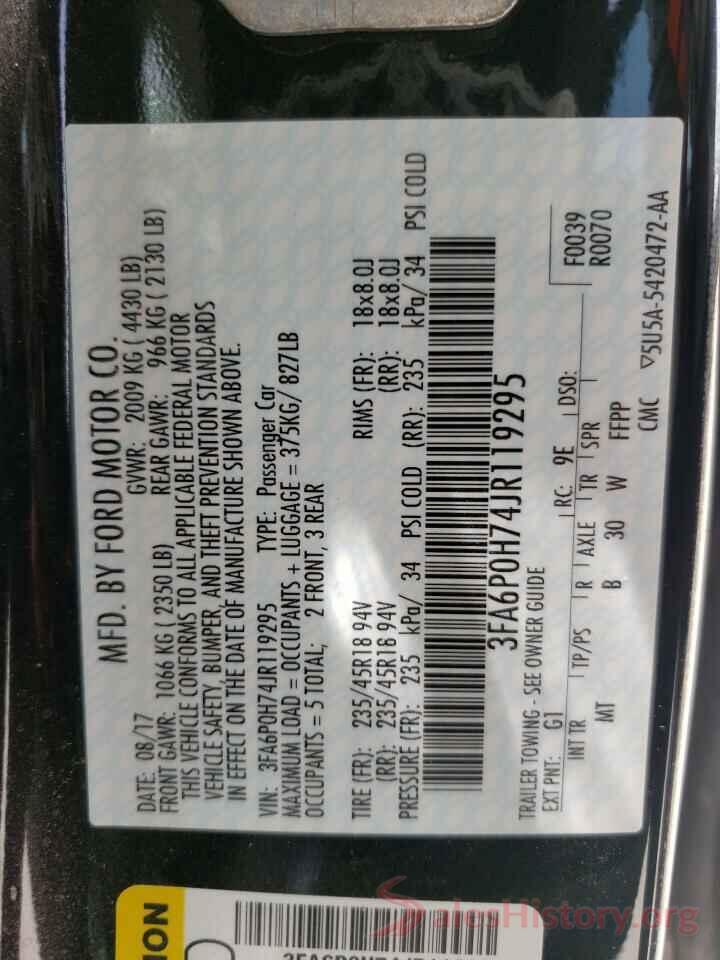 3FA6P0H74JR119295 2018 FORD FUSION