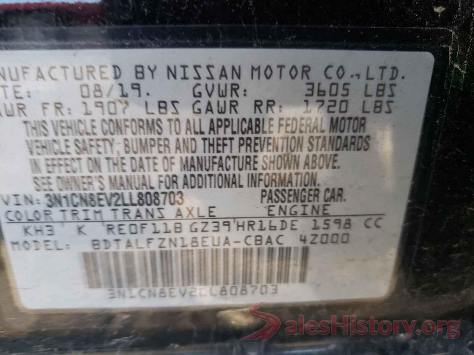 3N1CN8EV2LL808703 2020 NISSAN VERSA