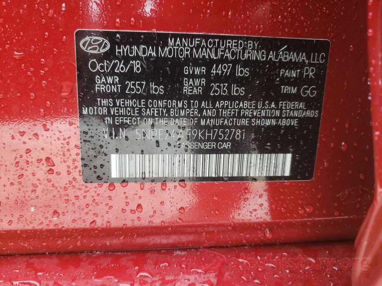 5NPE24AF9KH752781 2019 HYUNDAI SONATA