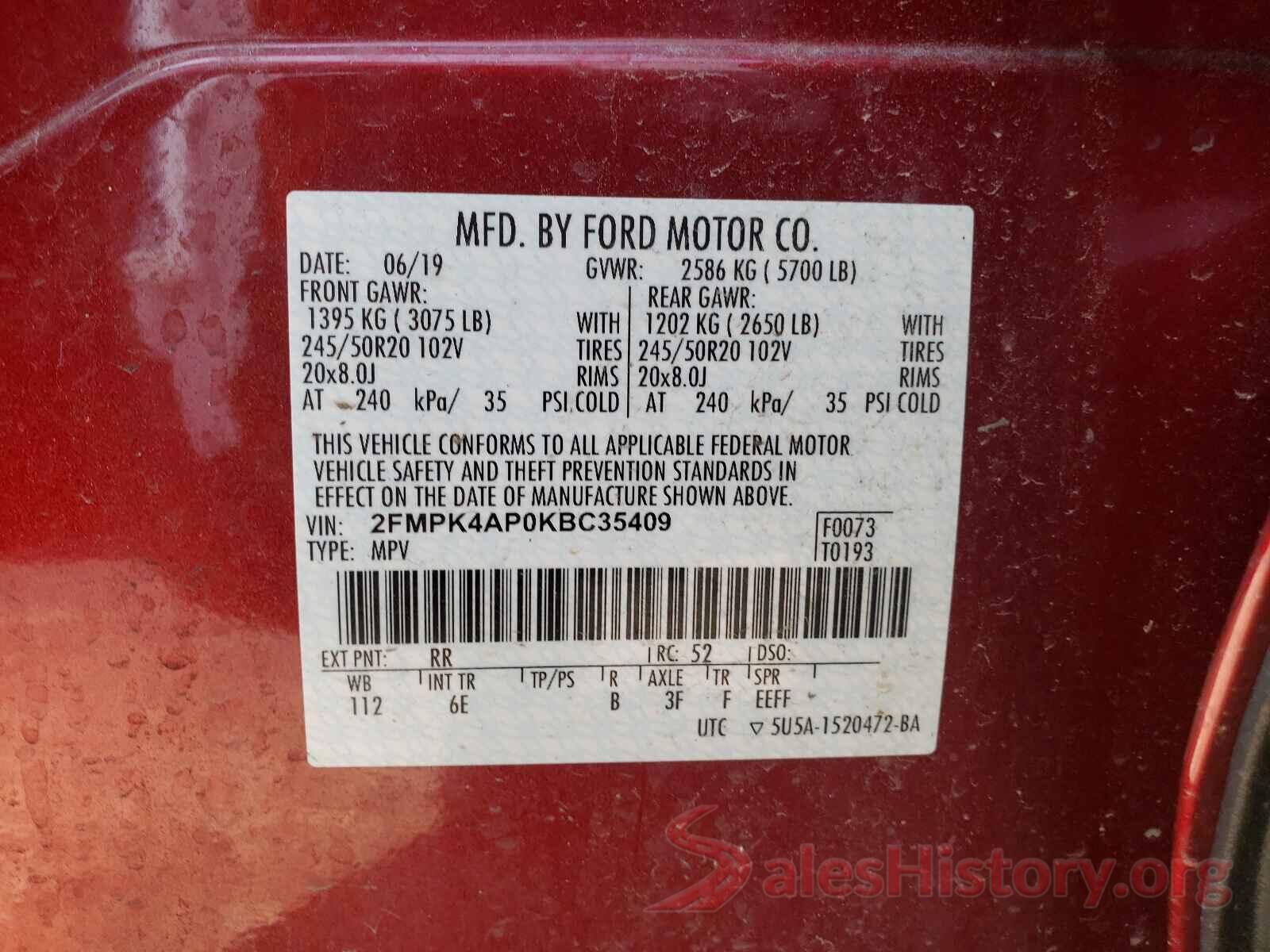 2FMPK4AP0KBC35409 2019 FORD EDGE