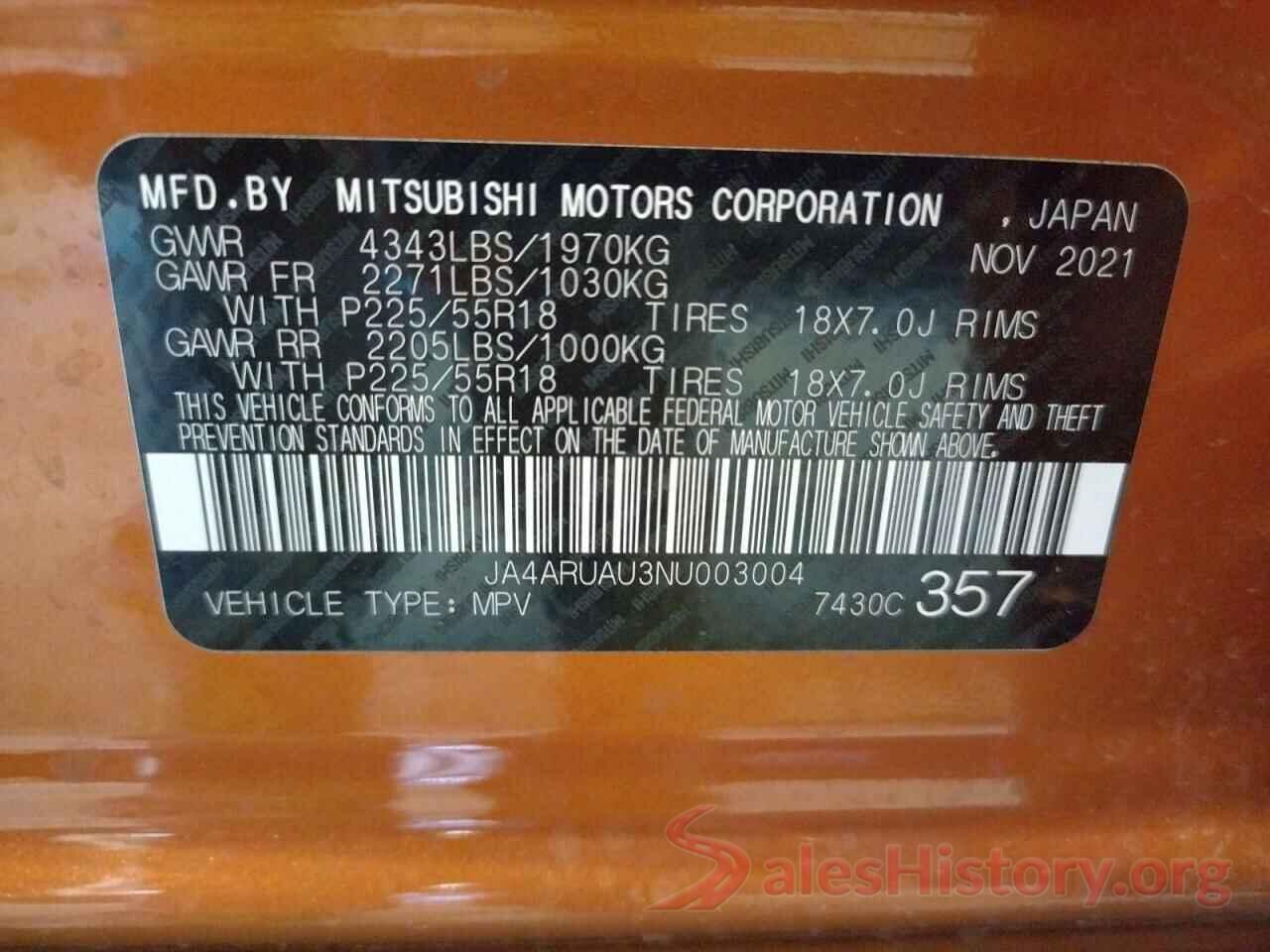 JA4ARUAU3NU003004 2022 MITSUBISHI OUTLANDER