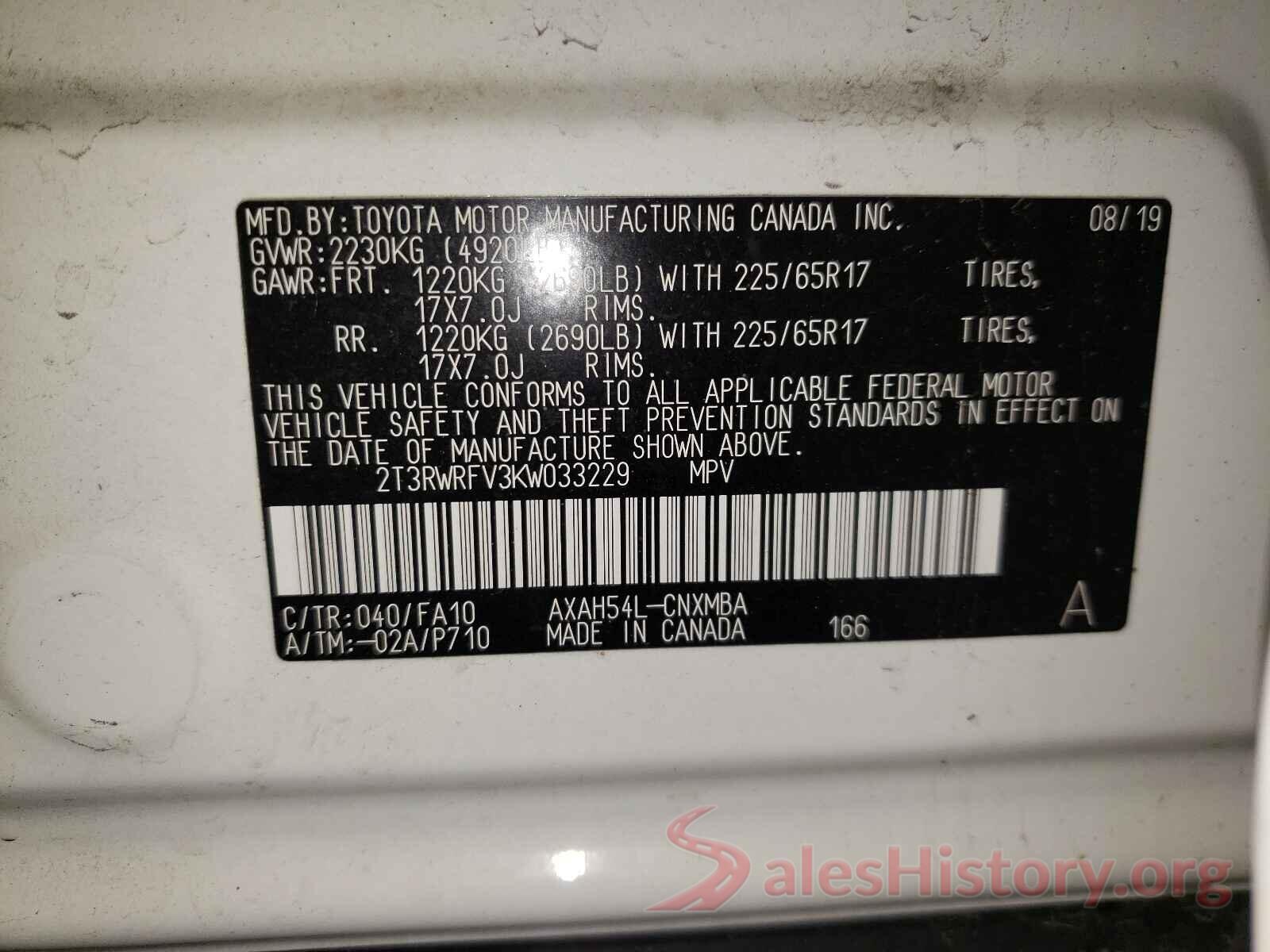 2T3RWRFV3KW033229 2019 TOYOTA RAV4