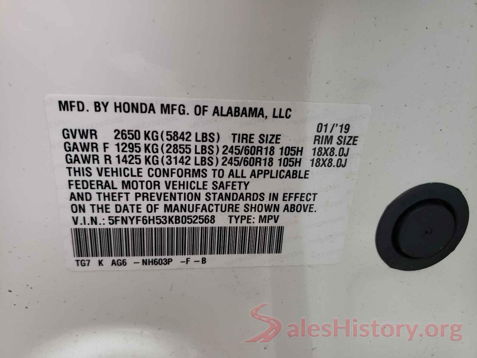 5FNYF6H53KB052568 2019 HONDA PILOT