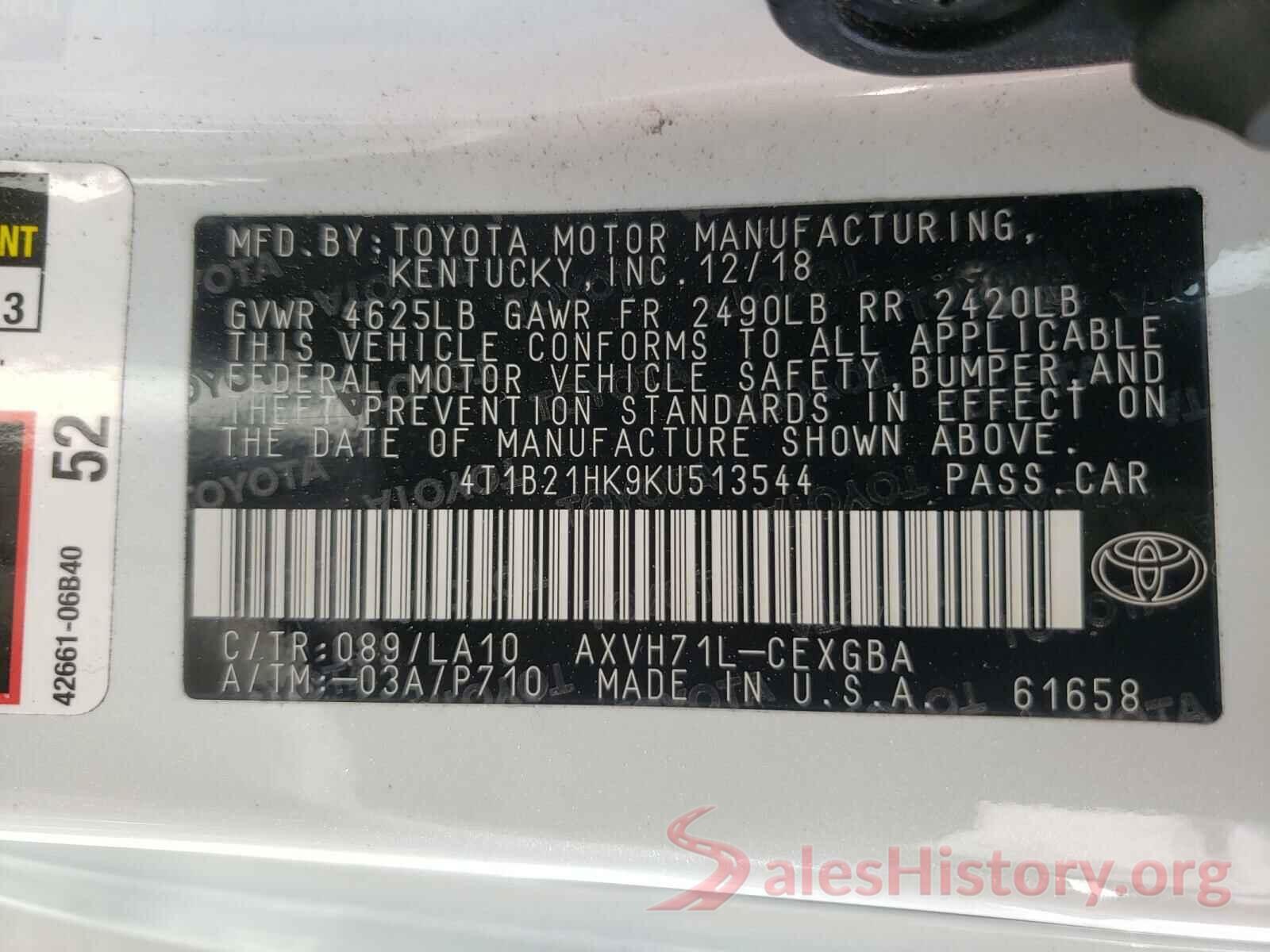 4T1B21HK9KU513544 2019 TOYOTA CAMRY