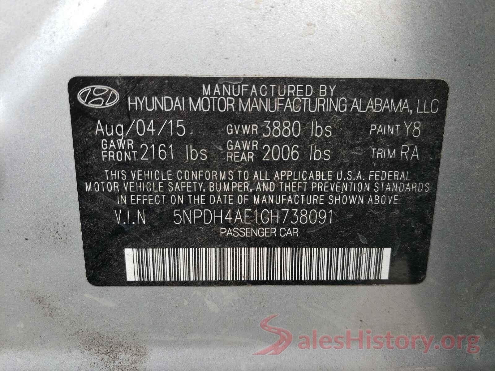 5NPDH4AE1GH738091 2016 HYUNDAI ELANTRA