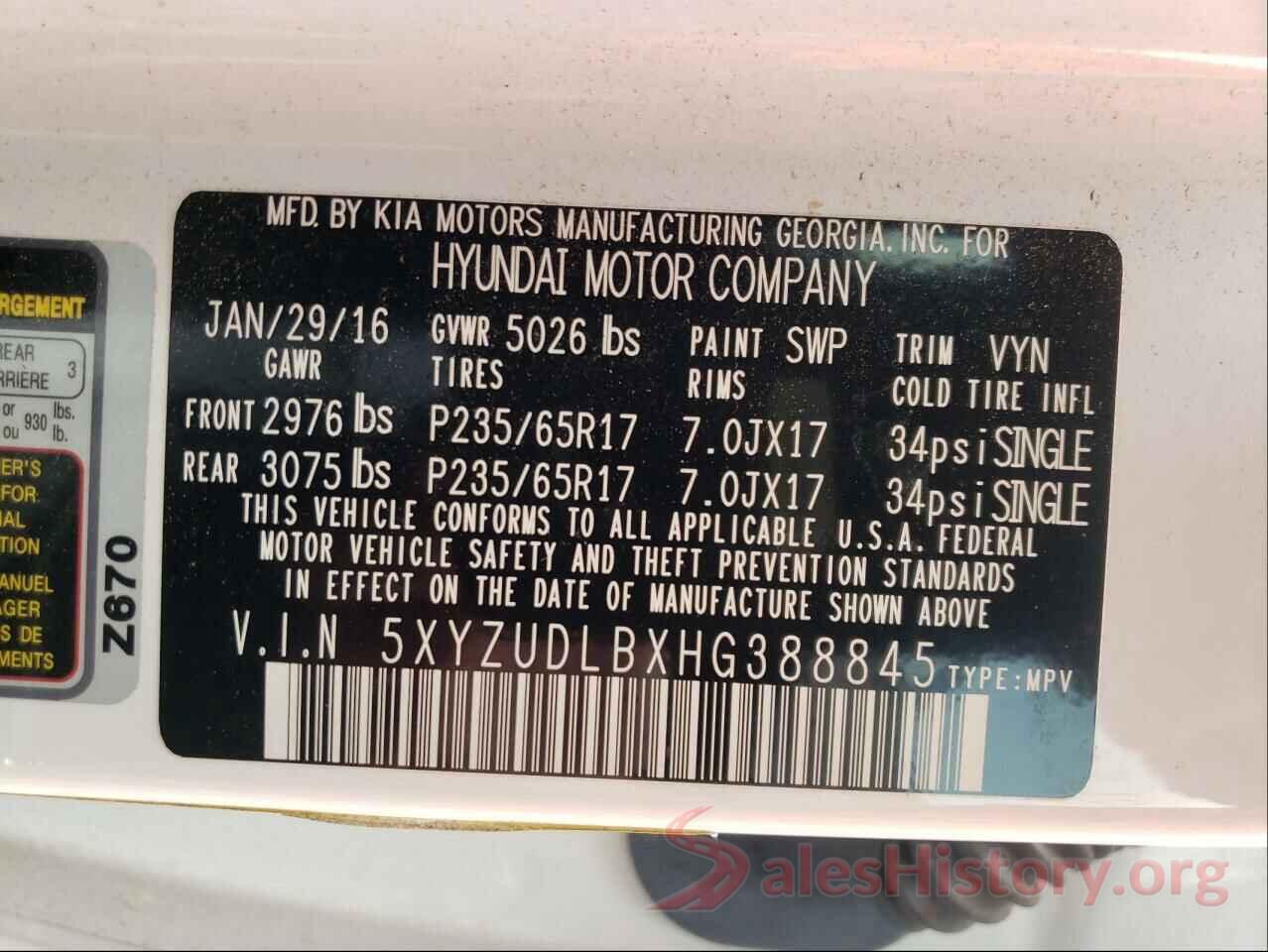 5XYZUDLBXHG388845 2017 HYUNDAI SANTA FE