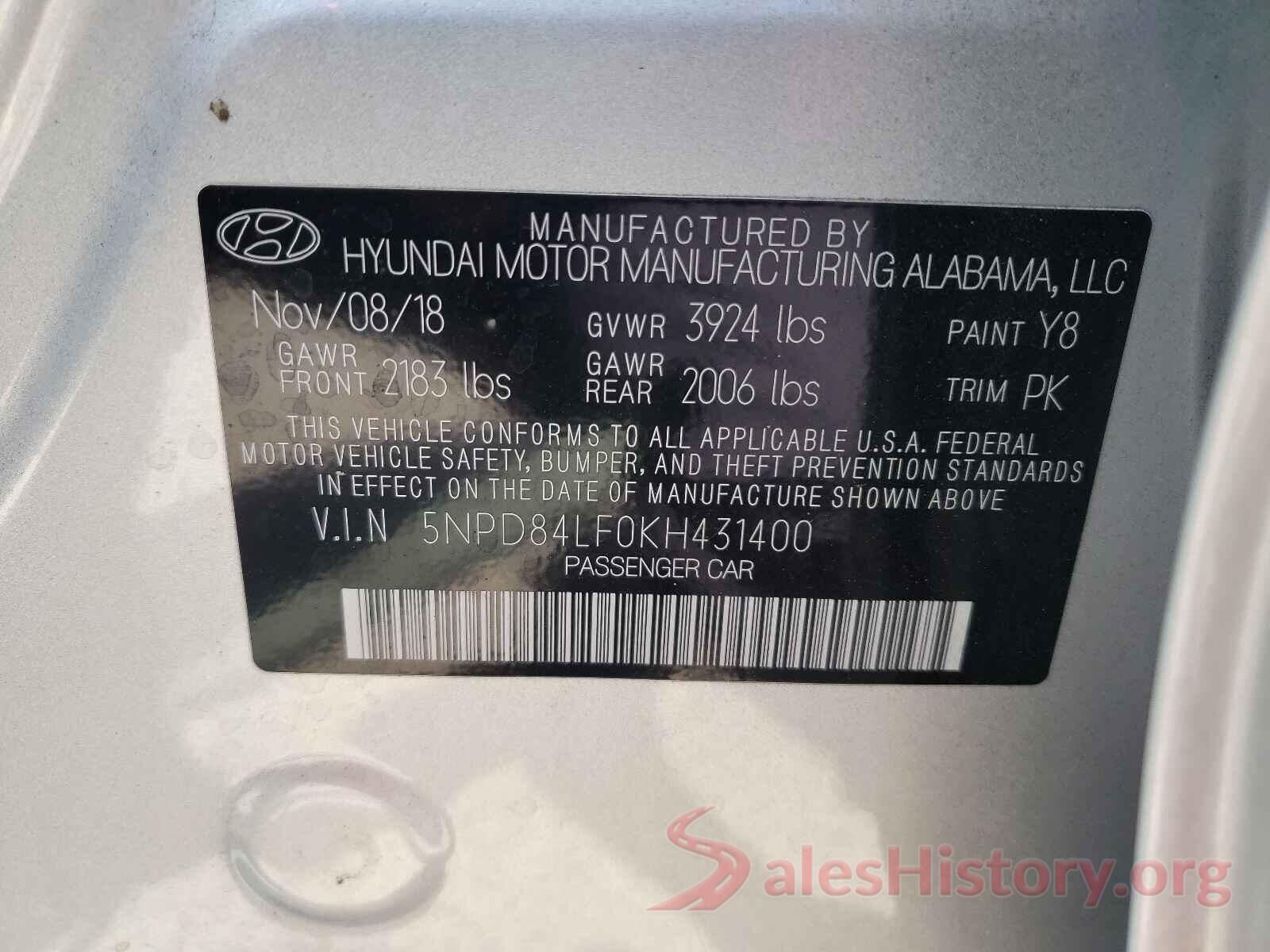 5NPD84LF0KH431400 2019 HYUNDAI ELANTRA