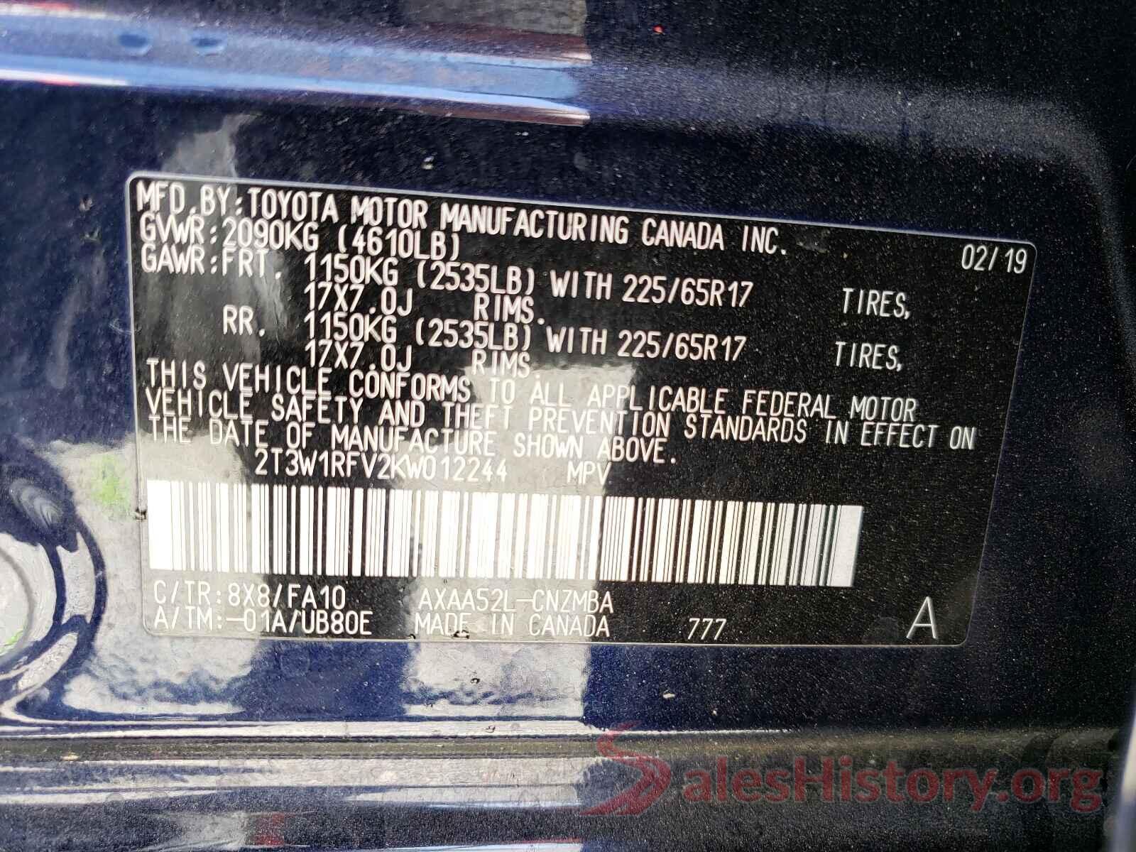 2T3W1RFV2KW012244 2019 TOYOTA RAV4